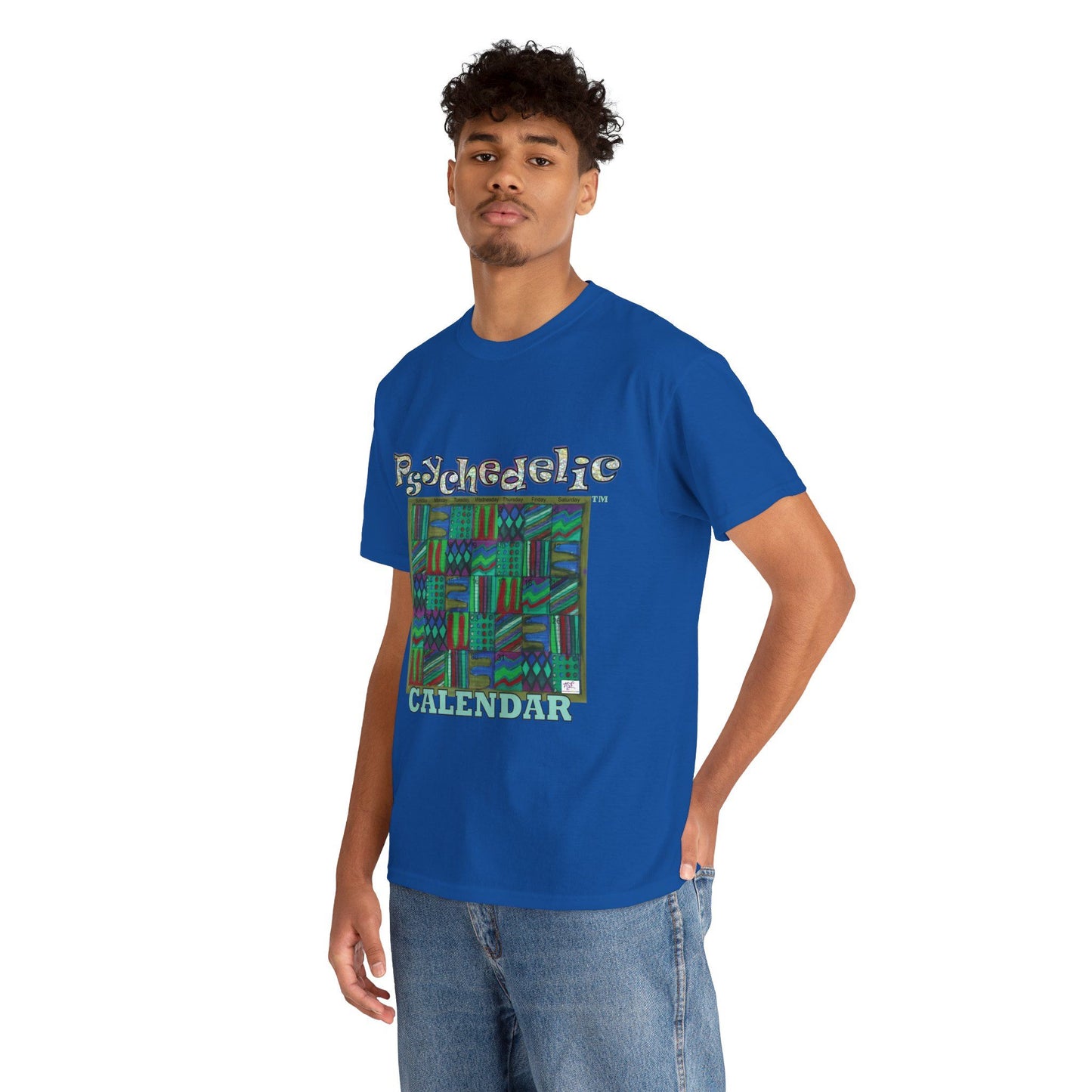 Unisex Heavy Cotton Tee - Psychedelic Calendar tm -Chilled tm - MiE Designs Shop miedesignsshop.com Moodiest patterned mosaic calendar. Model wears design on royal blue T-shirt.