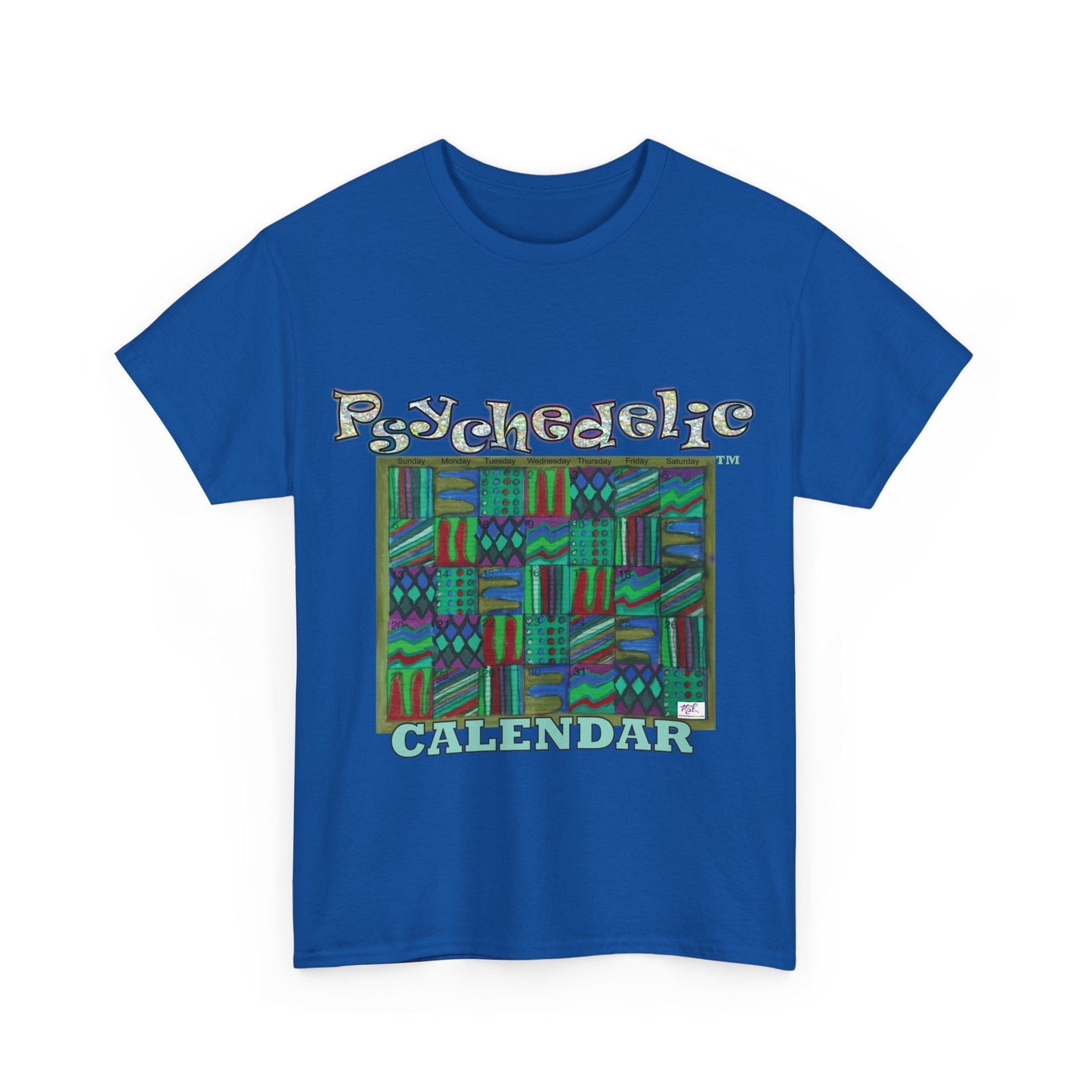 Unisex Heavy Cotton Tee - Psychedelic Calendar tm -Chilled tm - MiE Designs Shop miedesignsshop.com Moodiest patterned mosaic calendar. Royal blue T-shirt, sizes S-XL