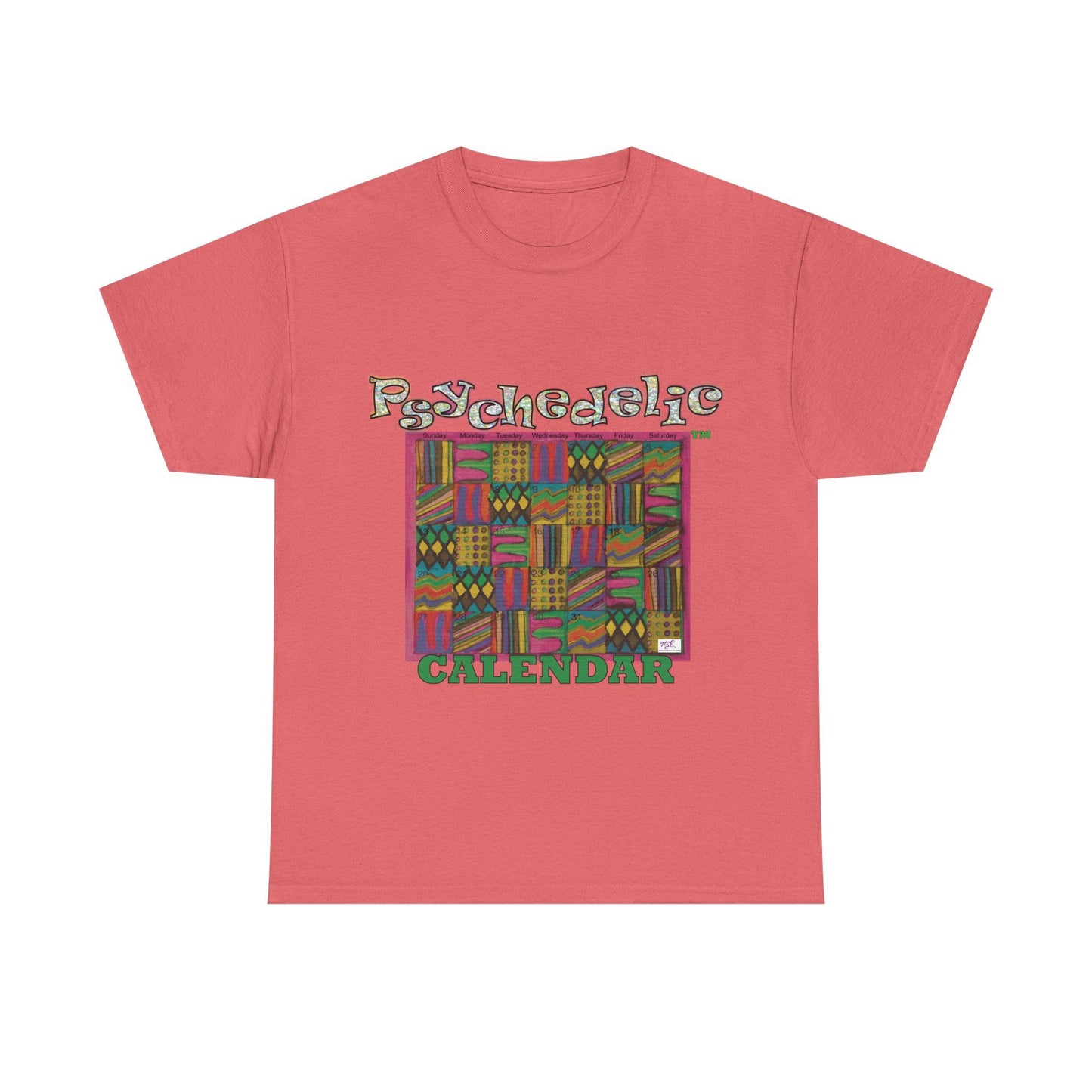 Unisex Heavy Cotton Tee - Psychedelic Calendar tm -Garden tm - MiE Designs Shop miedesignsshop.com Warmest patterned mosaic calendar. "Coral silk" T-shirt, sizes 2X-5XL