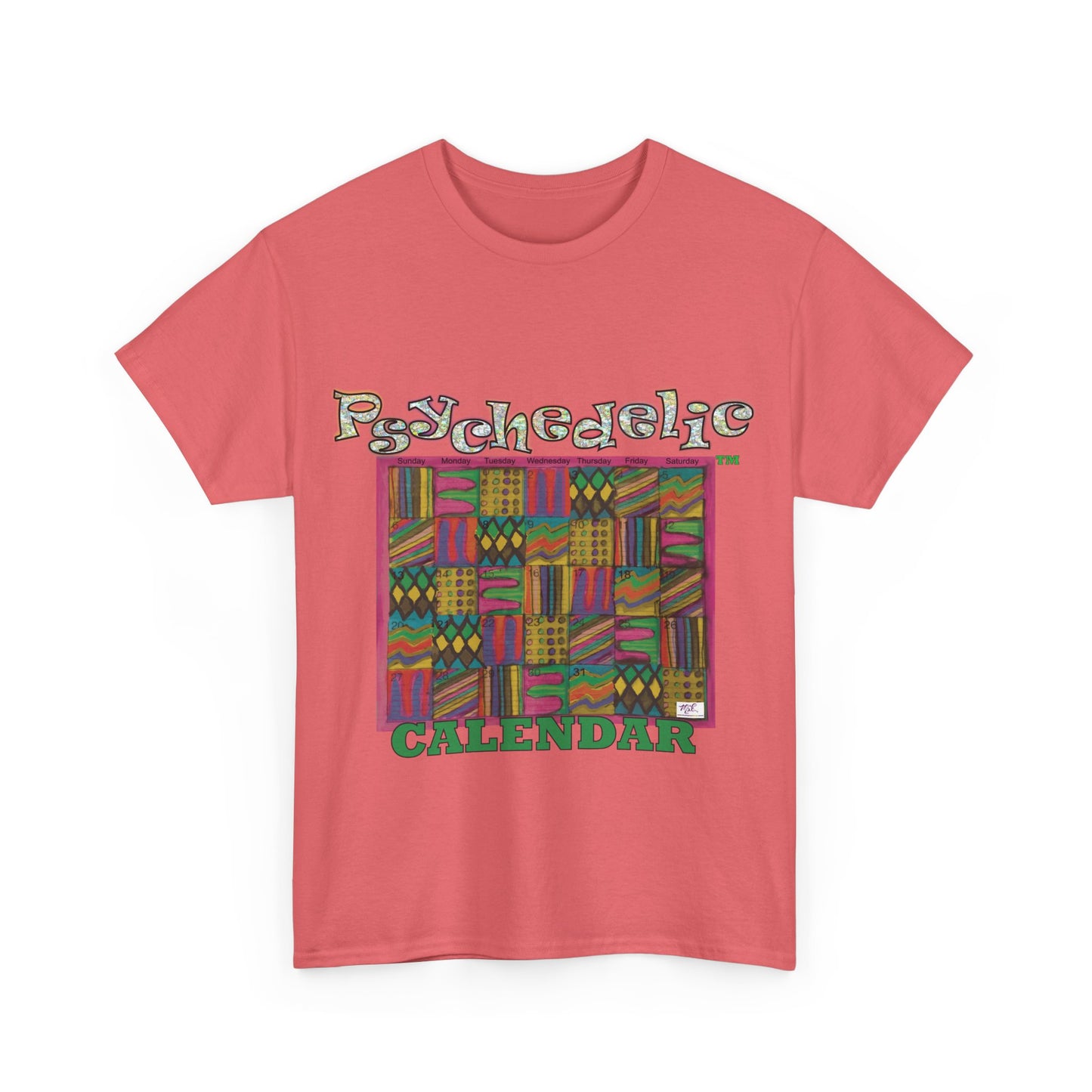 Unisex Heavy Cotton Tee - Psychedelic Calendar tm -Garden tm - MiE Designs Shop miedesignsshop.com Warmest patterned mosaic calendar. "Coral silk" T-shirt, sizes S-XL