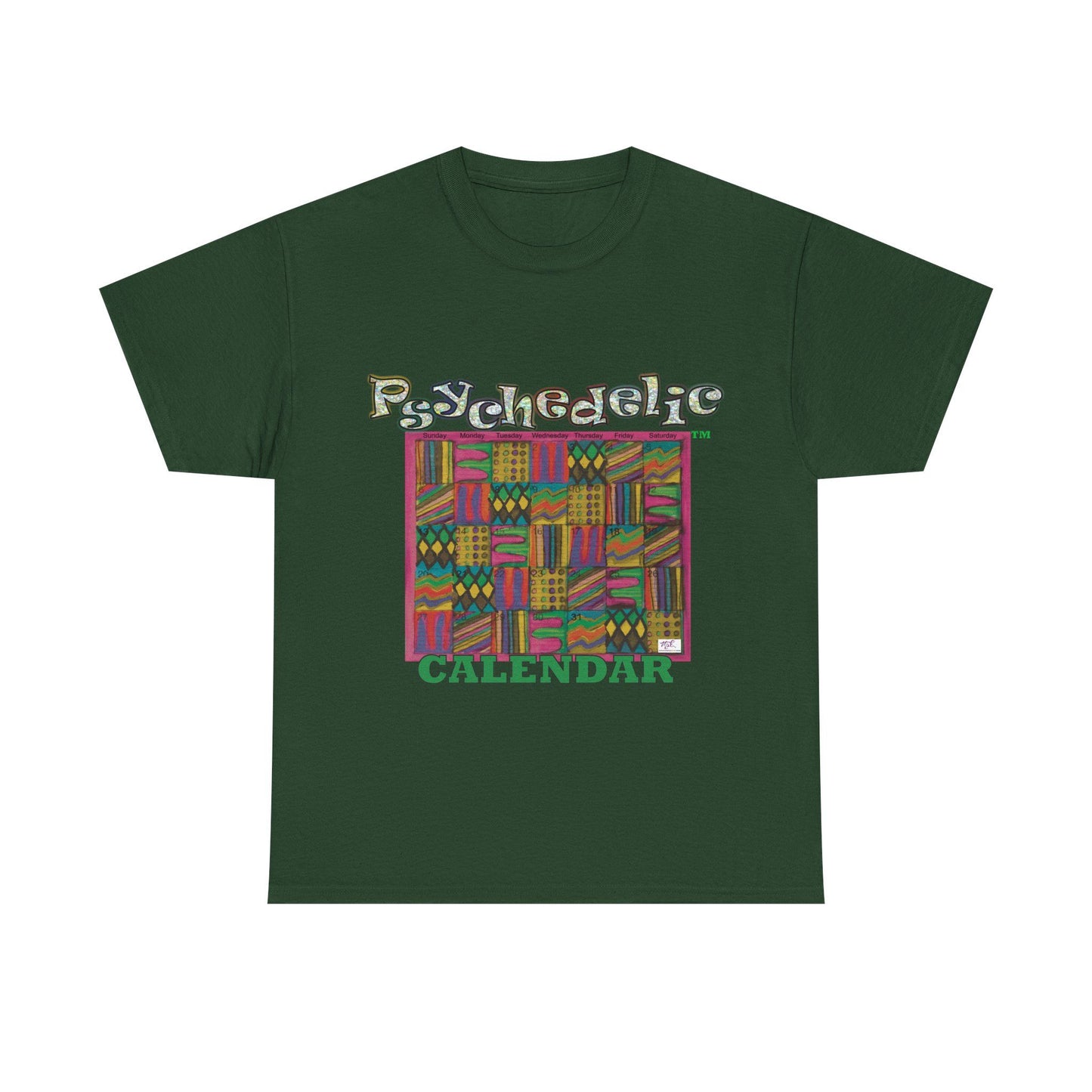 Unisex Heavy Cotton Tee - Psychedelic Calendar tm -Garden tm - MiE Designs Shop miedesignsshop.com Warmest patterned mosaic calendar. Flat forest green T-shirt, sizes 2XL-5XL