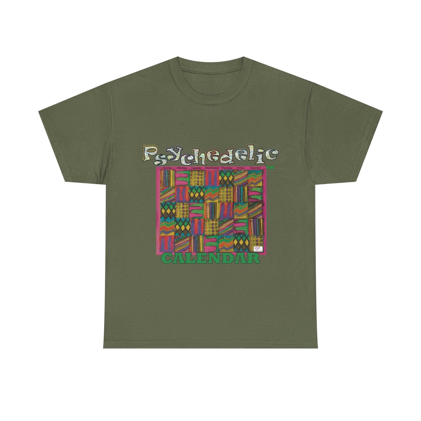 Unisex Heavy Cotton Tee - Psychedelic Calendar tm -Garden tm - MiE Designs Shop miedesignsshop.com Warmest patterned mosaic calendar. Flat military green T-shirt, Sizes 2XL-5XL