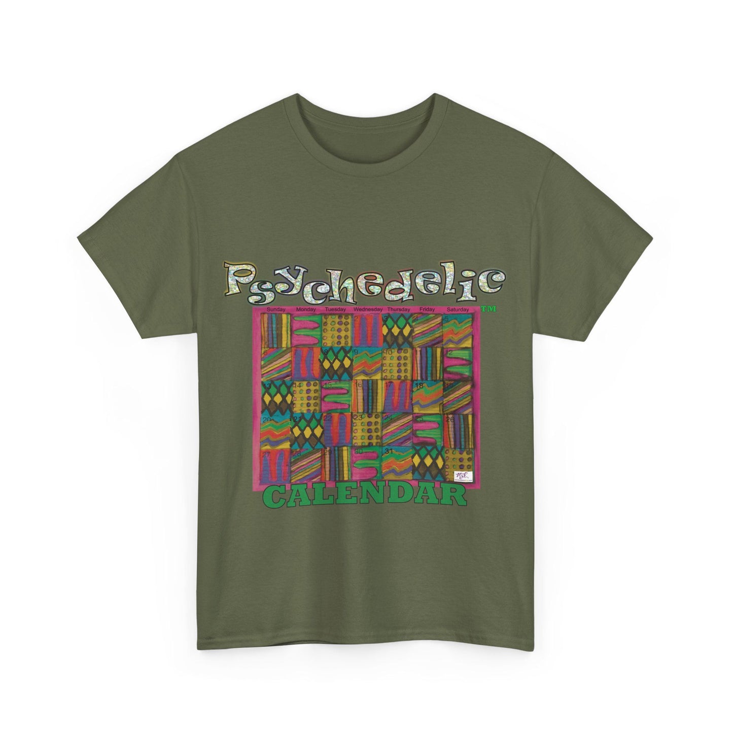 Unisex Heavy Cotton Tee - Psychedelic Calendar tm -Garden tm - MiE Designs Shop miedesignsshop.com Warmest patterned mosaic calendar. Flat military green T-shirt, Sizes S-XL..