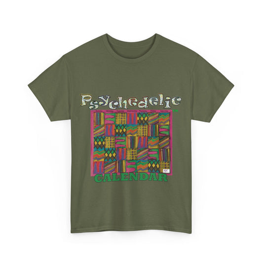 Unisex Heavy Cotton Tee - Psychedelic Calendar tm -Garden tm - MiE Designs Shop miedesignsshop.com Warmest patterned mosaic calendar. Flat military green T-shirt, Sizes S-XL..