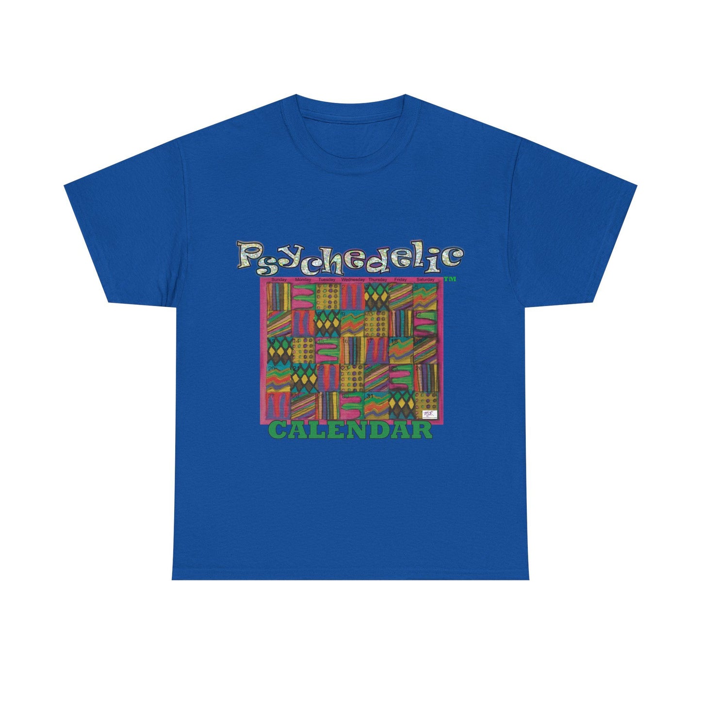Unisex Heavy Cotton Tee - Psychedelic Calendar tm -Garden tm - MiE Designs Shop miedesignsshop.com Warmest patterned mosaic calendar. Flat royal blue T-shirt, sizes 2XL-5XL
