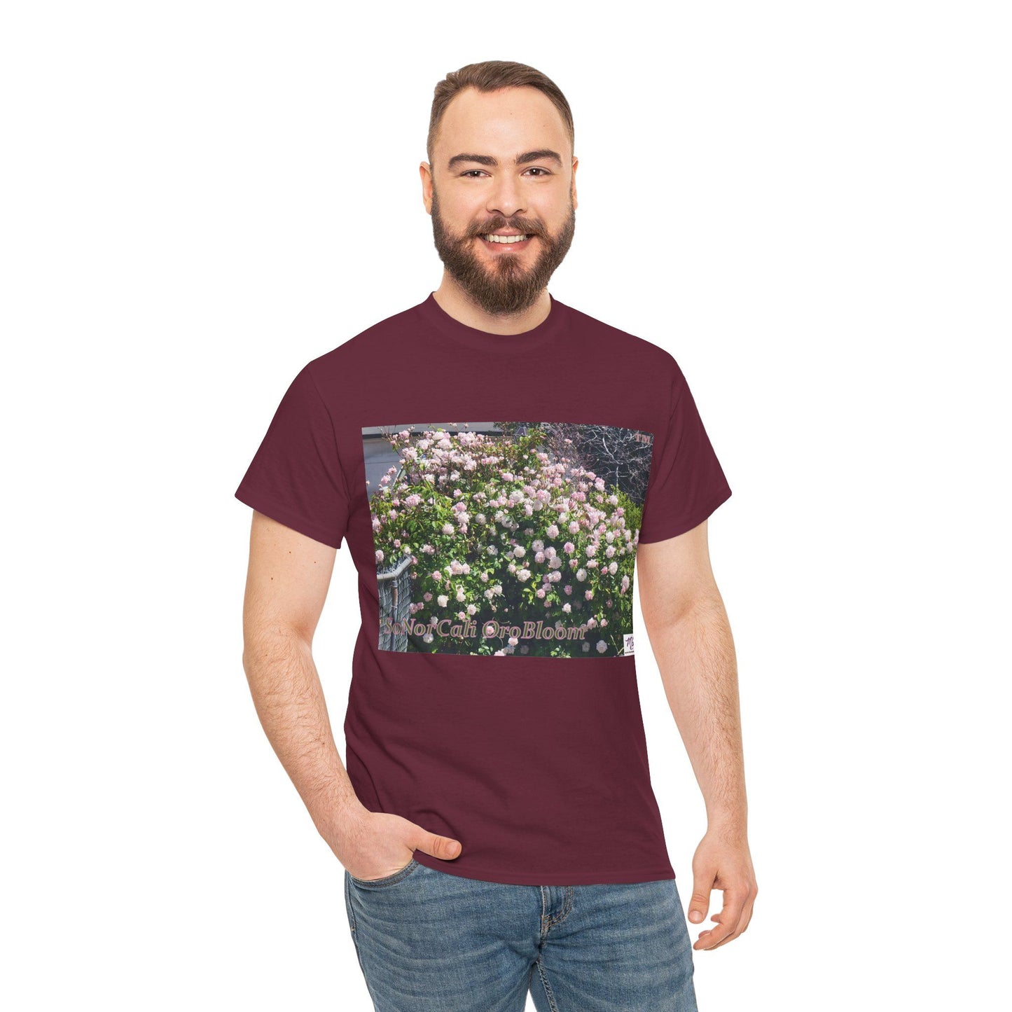 Unisex Heavy Cotton Tee:  "SoNorCali(tm)" - "OroBloom(tm)" - Blank Sleeves