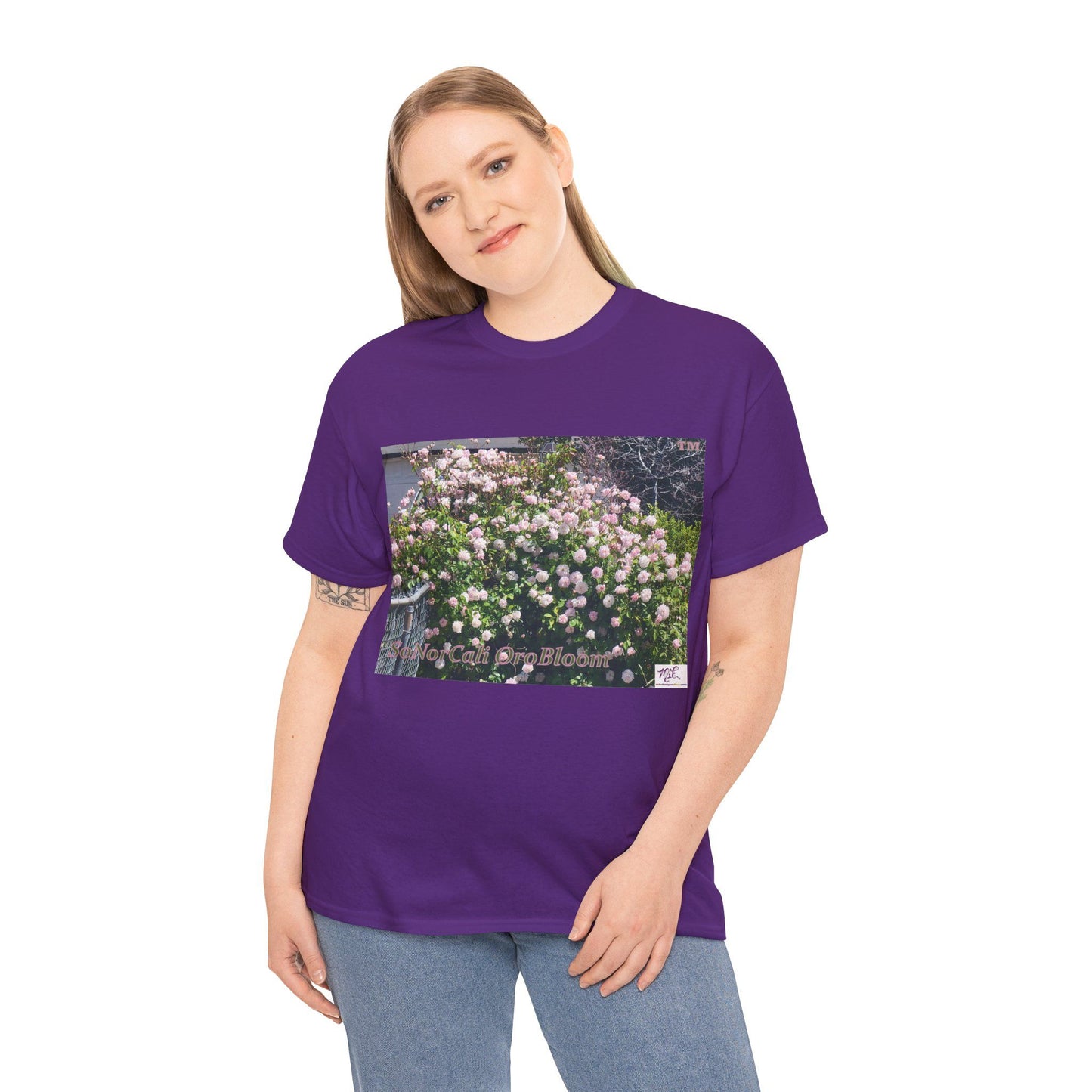 Unisex Heavy Cotton Tee:  "SoNorCali(tm)" - "OroBloom(tm)" - Blank Sleeves