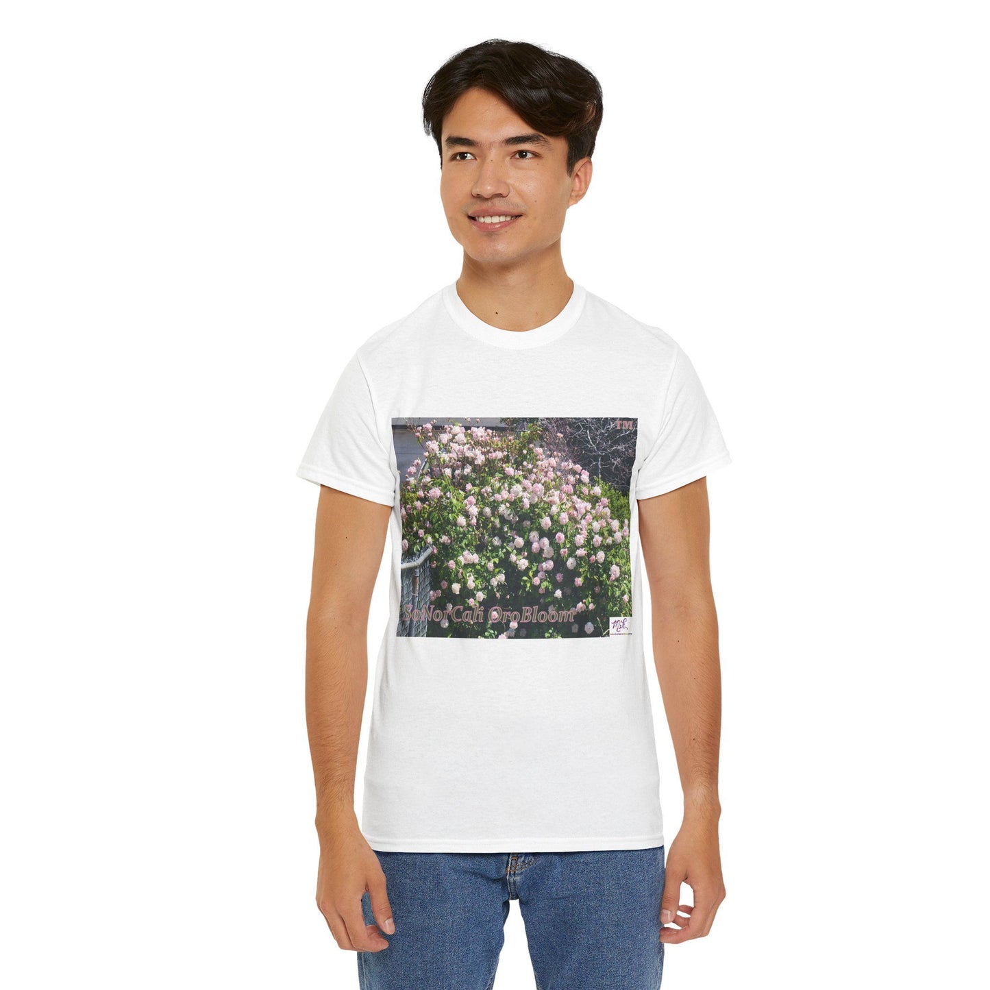 Unisex Heavy Cotton Tee:  "SoNorCali(tm)" - "OroBloom(tm)" - Blank Sleeves