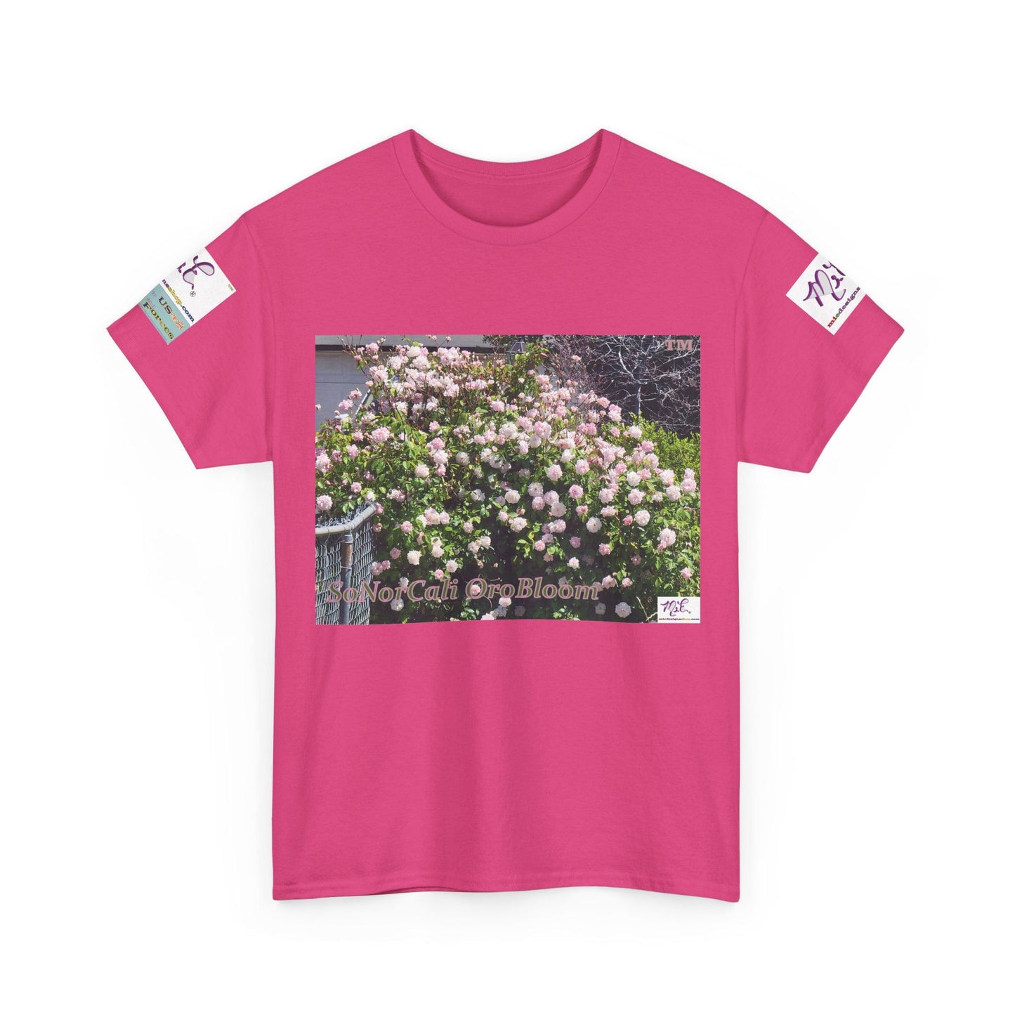 Unisex Heavy Cotton Tee: "SoNorCali(tm)" - "OroBloom(tm)" - Sleeve Logos