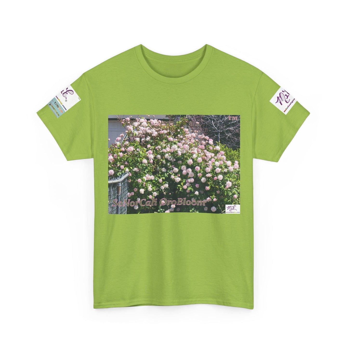Unisex Heavy Cotton Tee: "SoNorCali(tm)" - "OroBloom(tm)" - Sleeve Logos