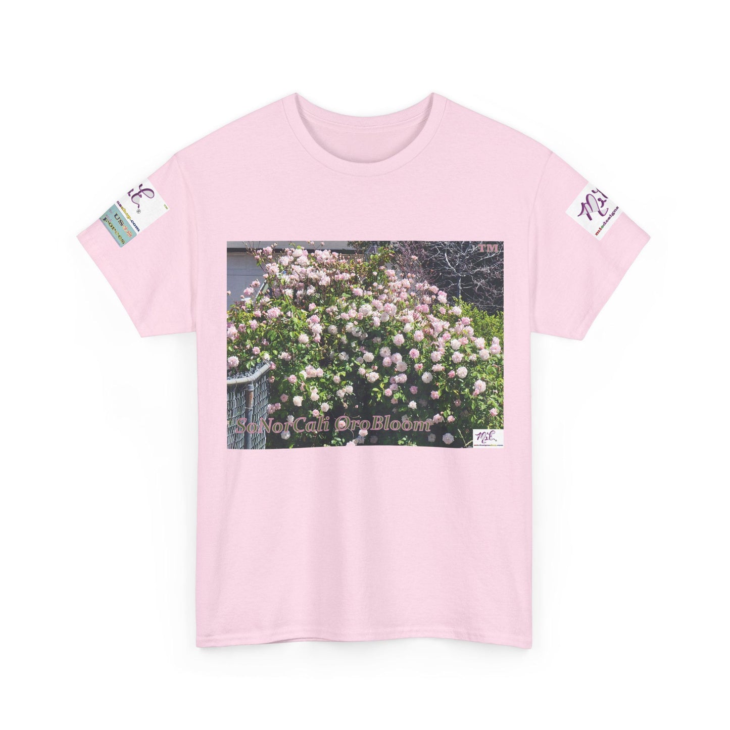 Unisex Heavy Cotton Tee: "SoNorCali(tm)" - "OroBloom(tm)" - Sleeve Logos