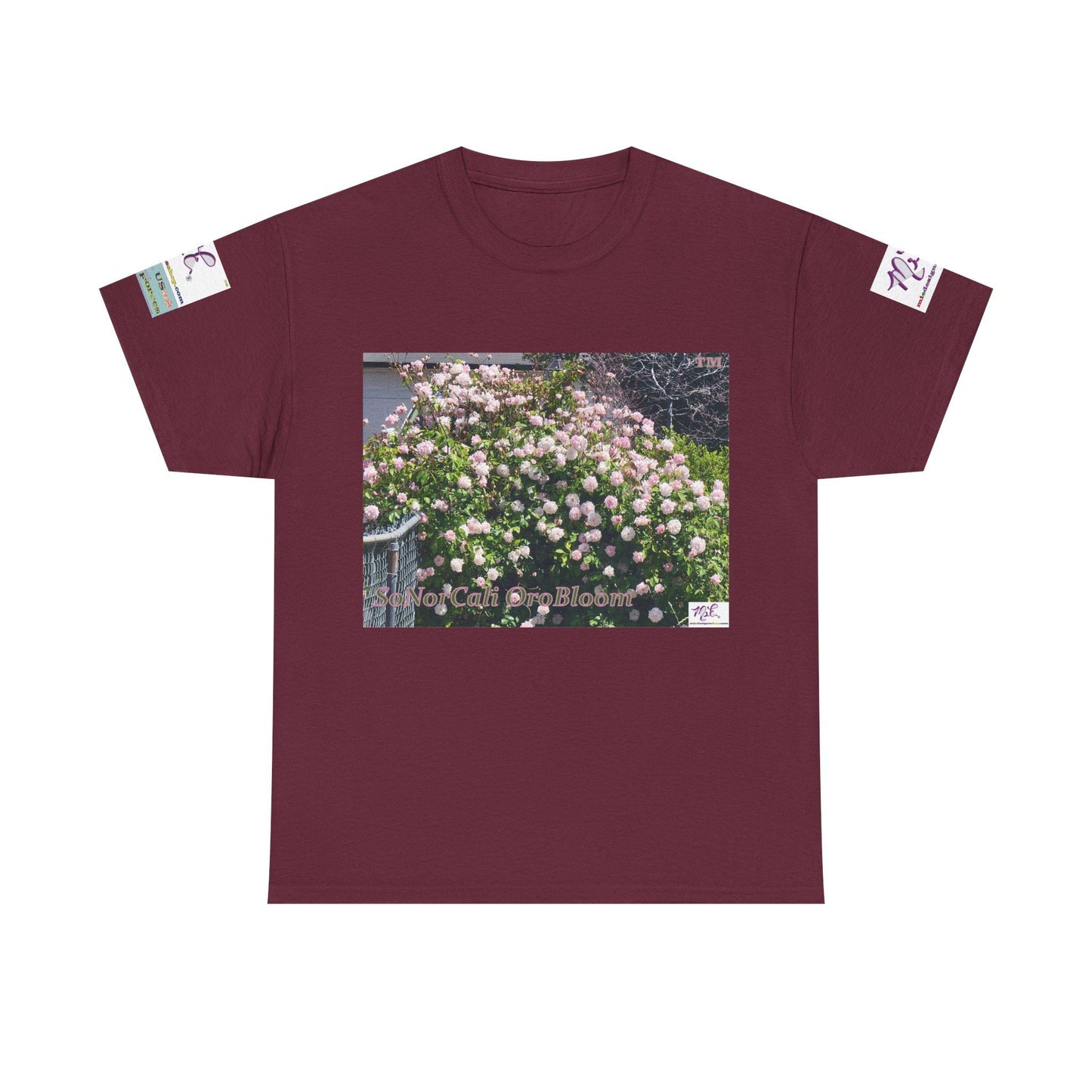 Unisex Heavy Cotton Tee: "SoNorCali(tm)" - "OroBloom(tm)" - Sleeve Logos