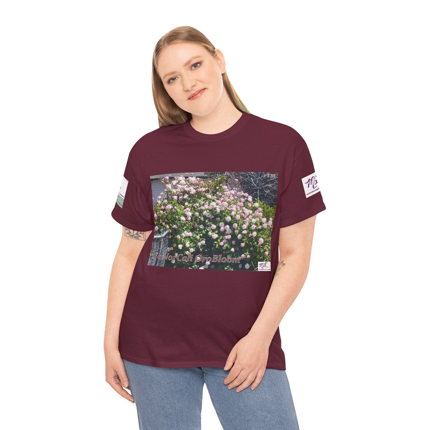 Unisex Heavy Cotton Tee: "SoNorCali(tm)" - "OroBloom(tm)" - Sleeve Logos