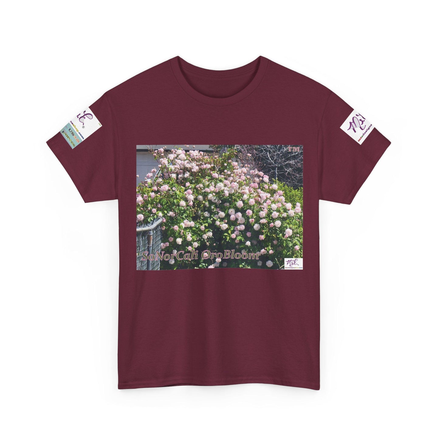 Unisex Heavy Cotton Tee: "SoNorCali(tm)" - "OroBloom(tm)" - Sleeve Logos