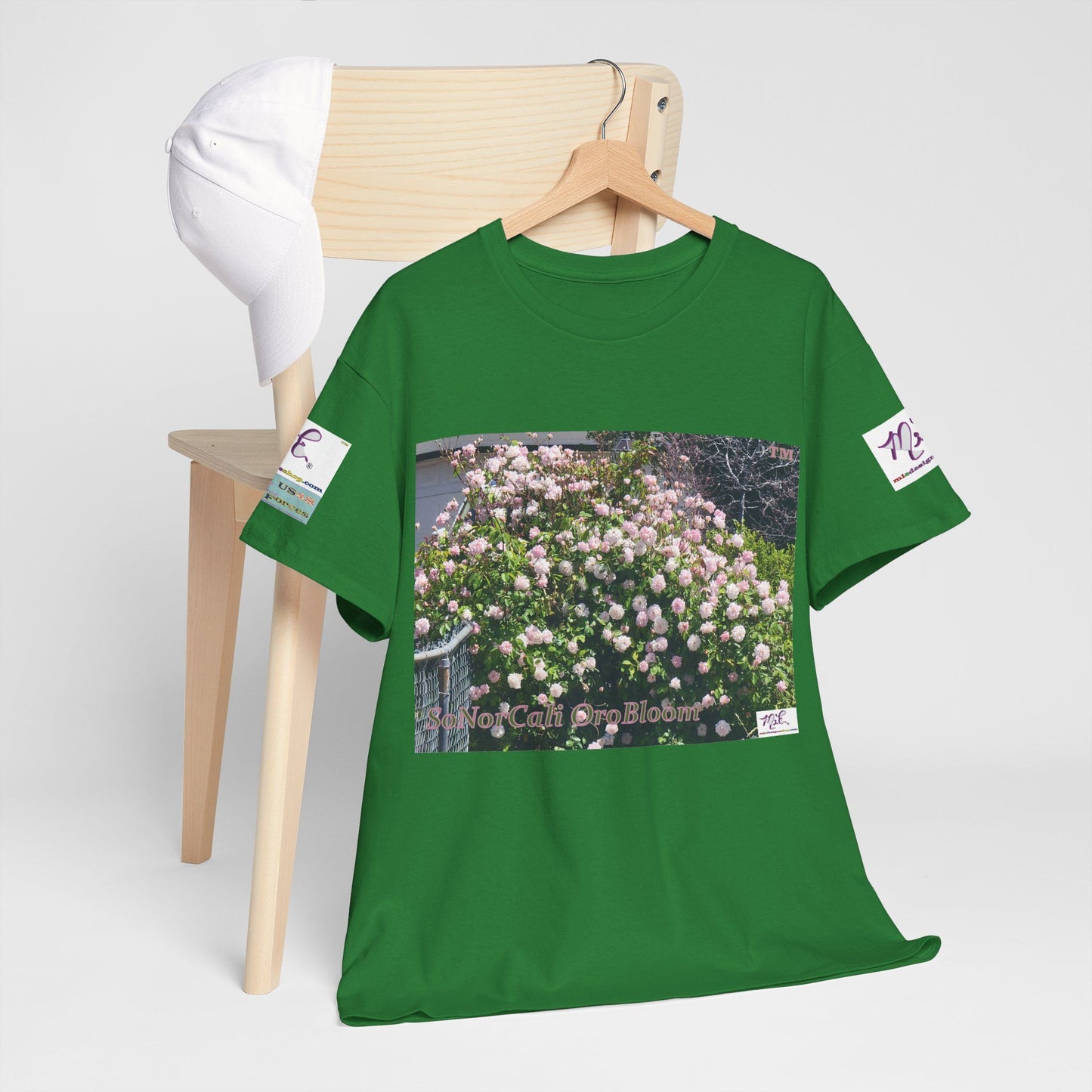 Unisex Heavy Cotton Tee: "SoNorCali(tm)" - "OroBloom(tm)" - Sleeve Logos