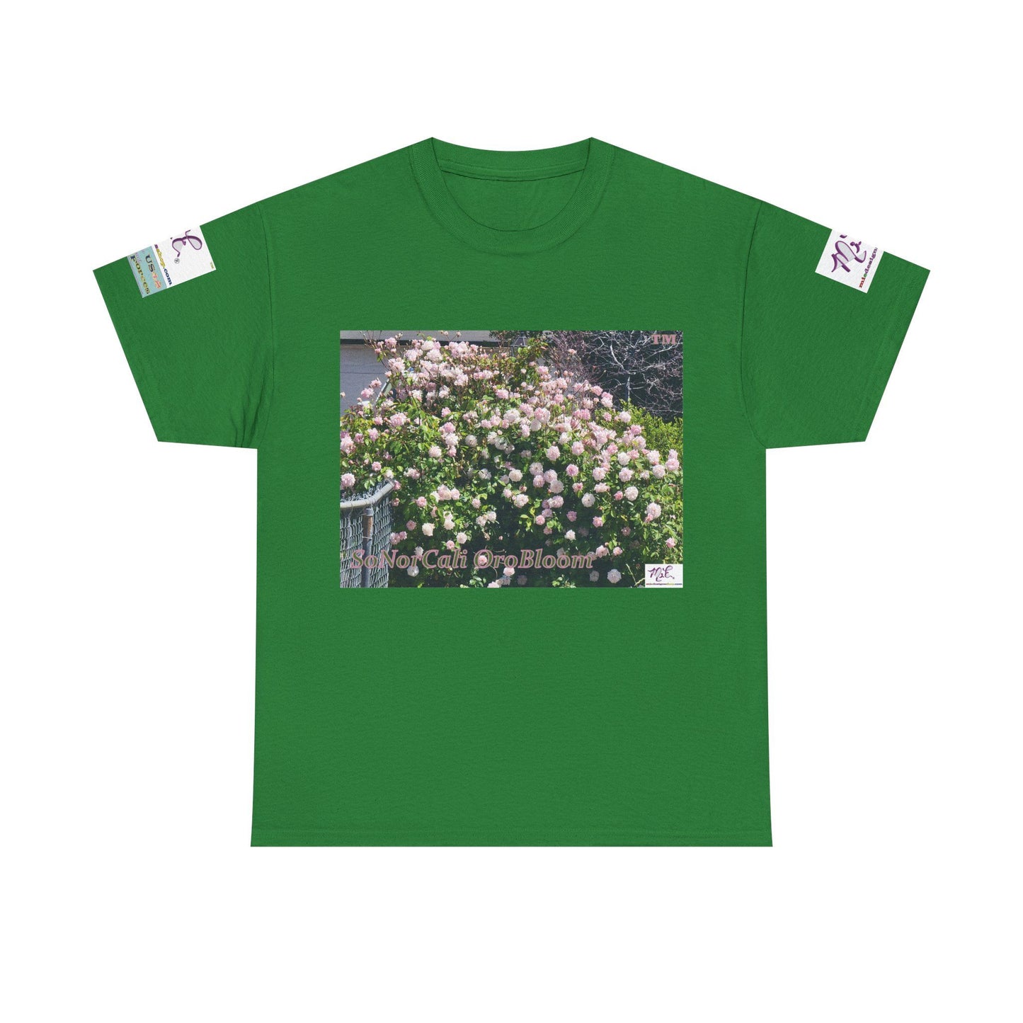 Unisex Heavy Cotton Tee: "SoNorCali(tm)" - "OroBloom(tm)" - Sleeve Logos