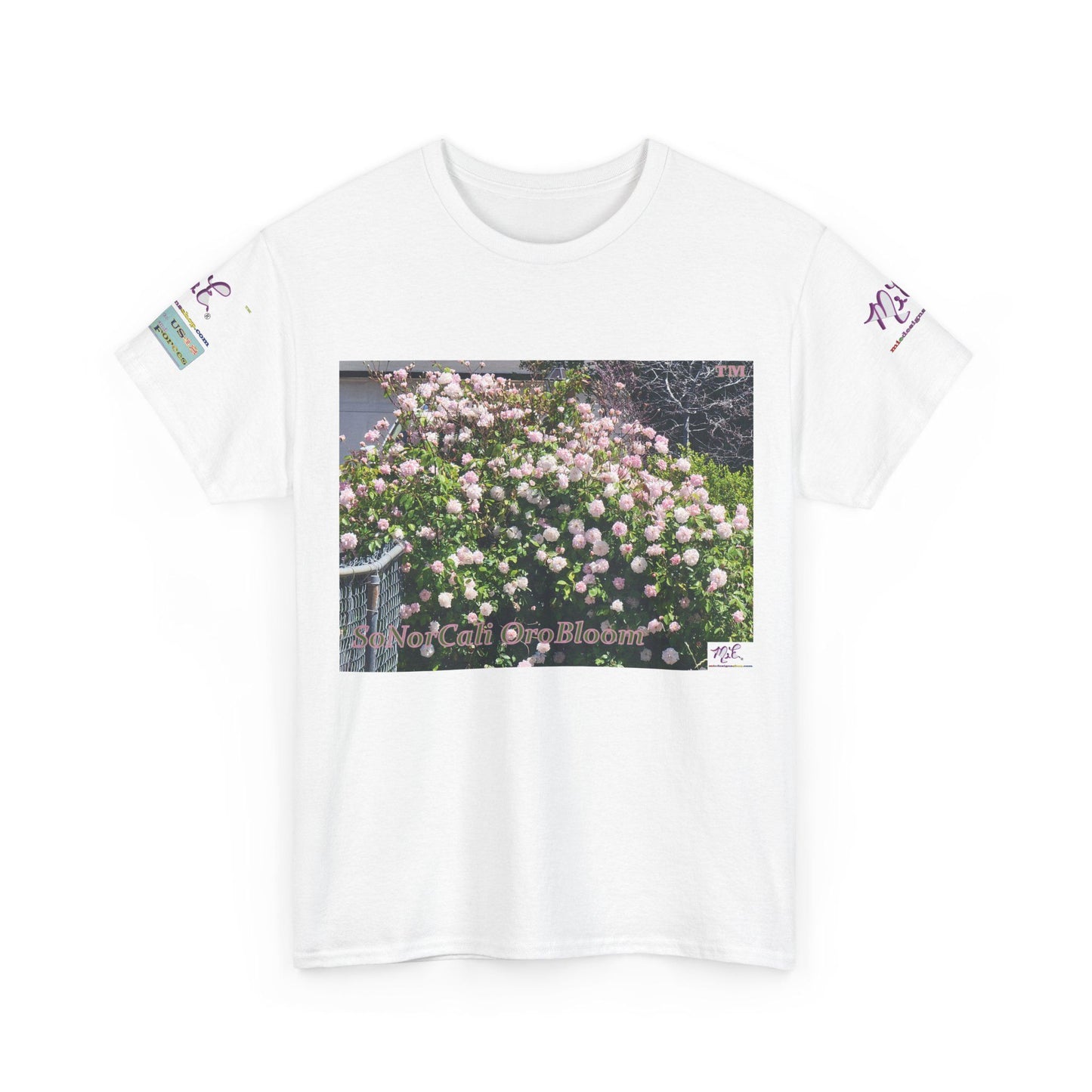 Unisex Heavy Cotton Tee: "SoNorCali(tm)" - "OroBloom(tm)" - Sleeve Logos