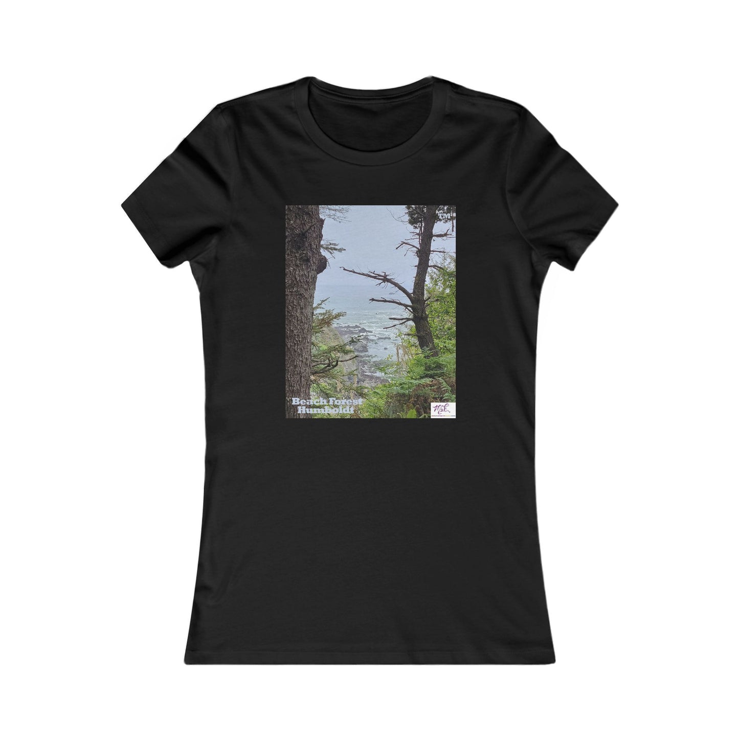 Women's Favorite Tee - Beach Forest Humboldt(tm) - Black - MiE Designs Shop. Sitka Spuce flank a trailhead leading down to rocky coastline below.