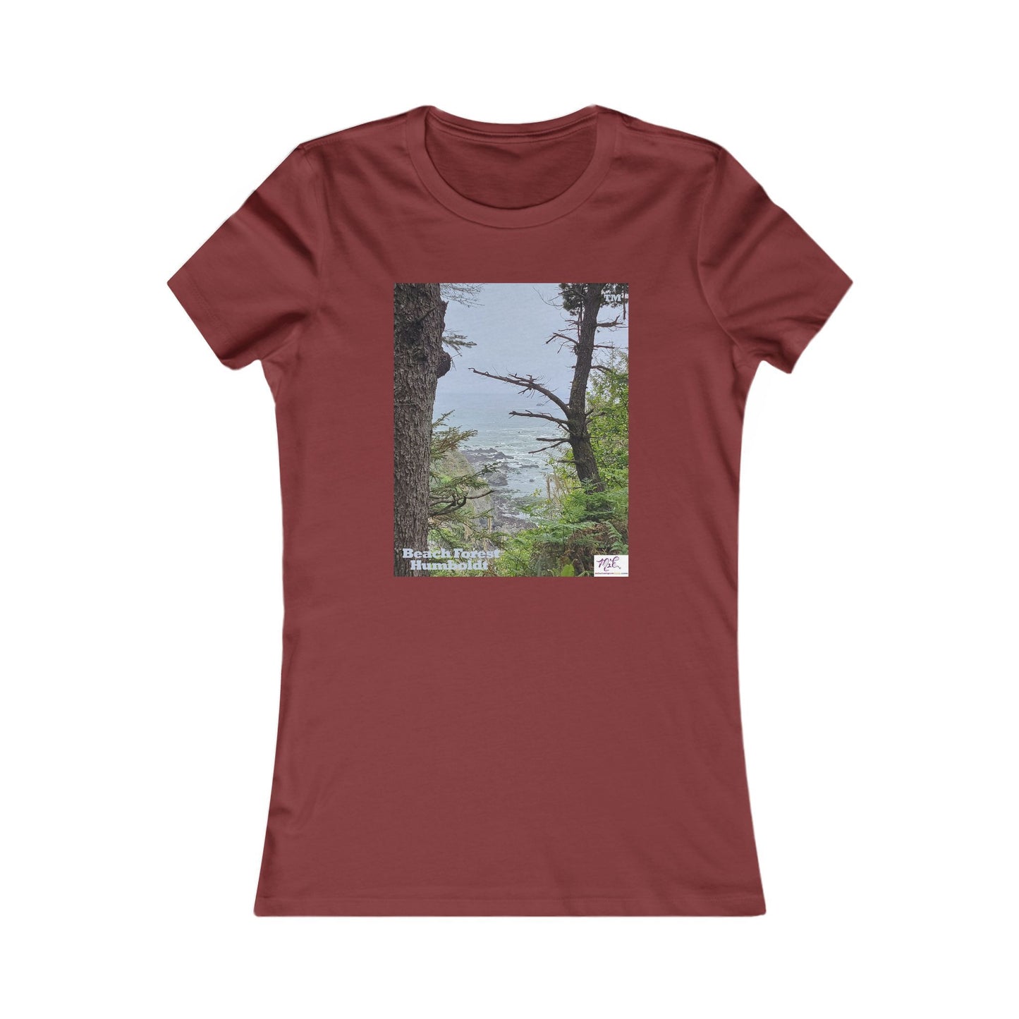 Women's Favorite Tee - Beach Forest Humboldt(tm) - Cardinal Red - MiE Designs Shop. Sitka Spuce flank a trailhead leading down to rocky coastline below.