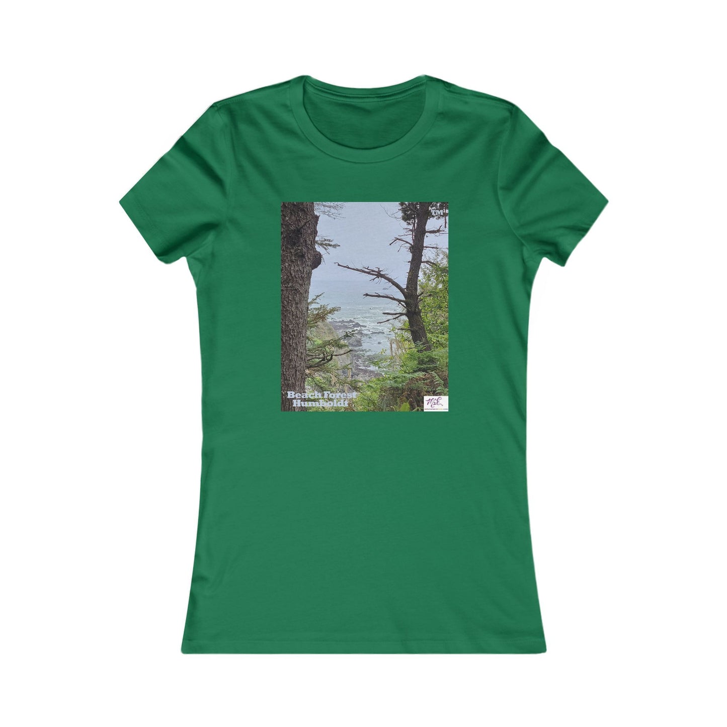 Women's Favorite Tee - Beach Forest Humboldt(tm) - Kelly Green - MiE Designs Shop. Sitka Spuce flank a trailhead leading down to rocky coastline below.