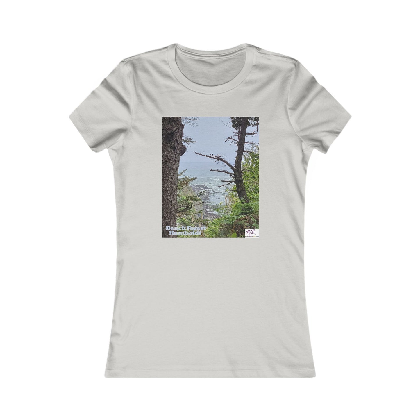 Women's Favorite Tee - Beach Forest Humboldt(tm) - Silvee - MiE Designs Shop. Sitka Spuce flank a trailhead leading down to rocky coastline below.