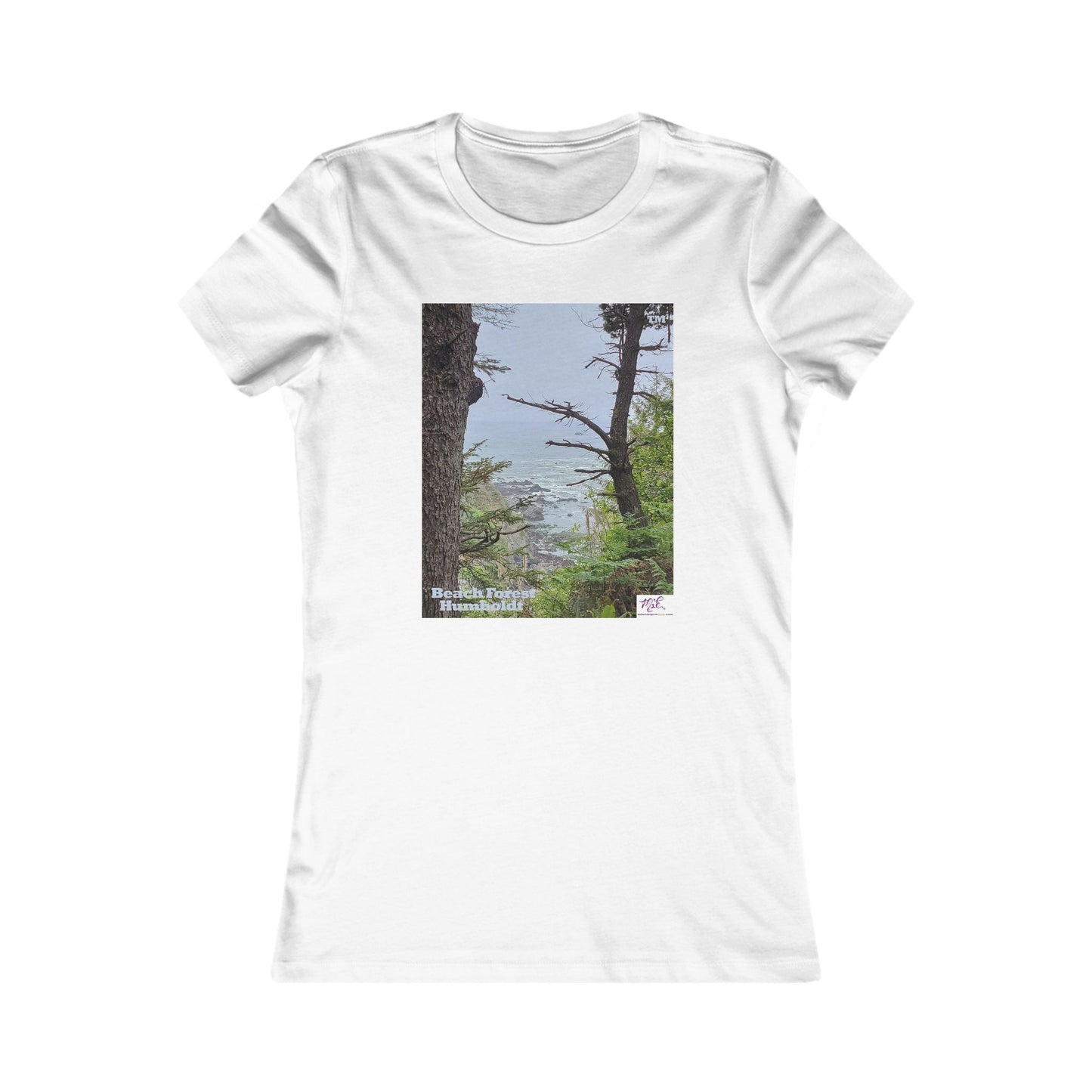 Women's Favorite Tee - Beach Forest Humboldt(tm) - White - MiE Designs Shop. Sitka Spuce flank a trailhead leading down to rocky coastline below.