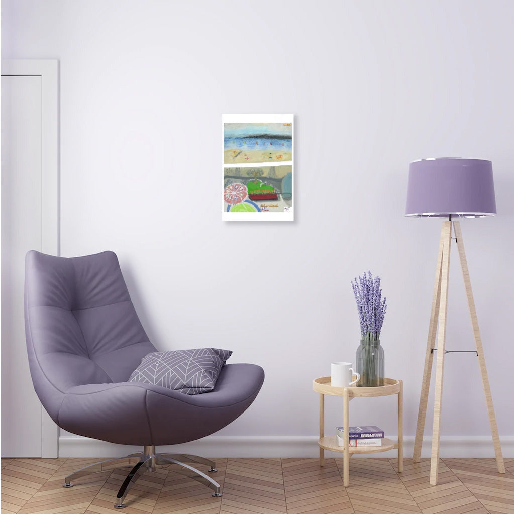 Acrylic Prints 12x18: Alcohol Oh Yea(tm) - MiE Designs Shop. Unseen drinker on balcony above putting green and beach holds cocktail with umbrella.