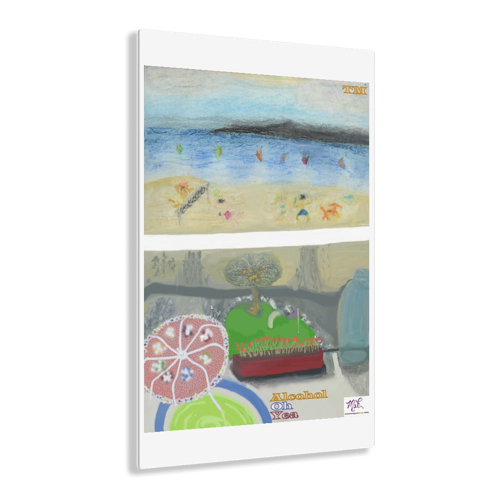 Acrylic Prints 12x18: Alcohol Oh Yea(tm) - MiE Designs Shop. Unseen drinker on balcony above putting green and beach holds cocktail with umbrella.