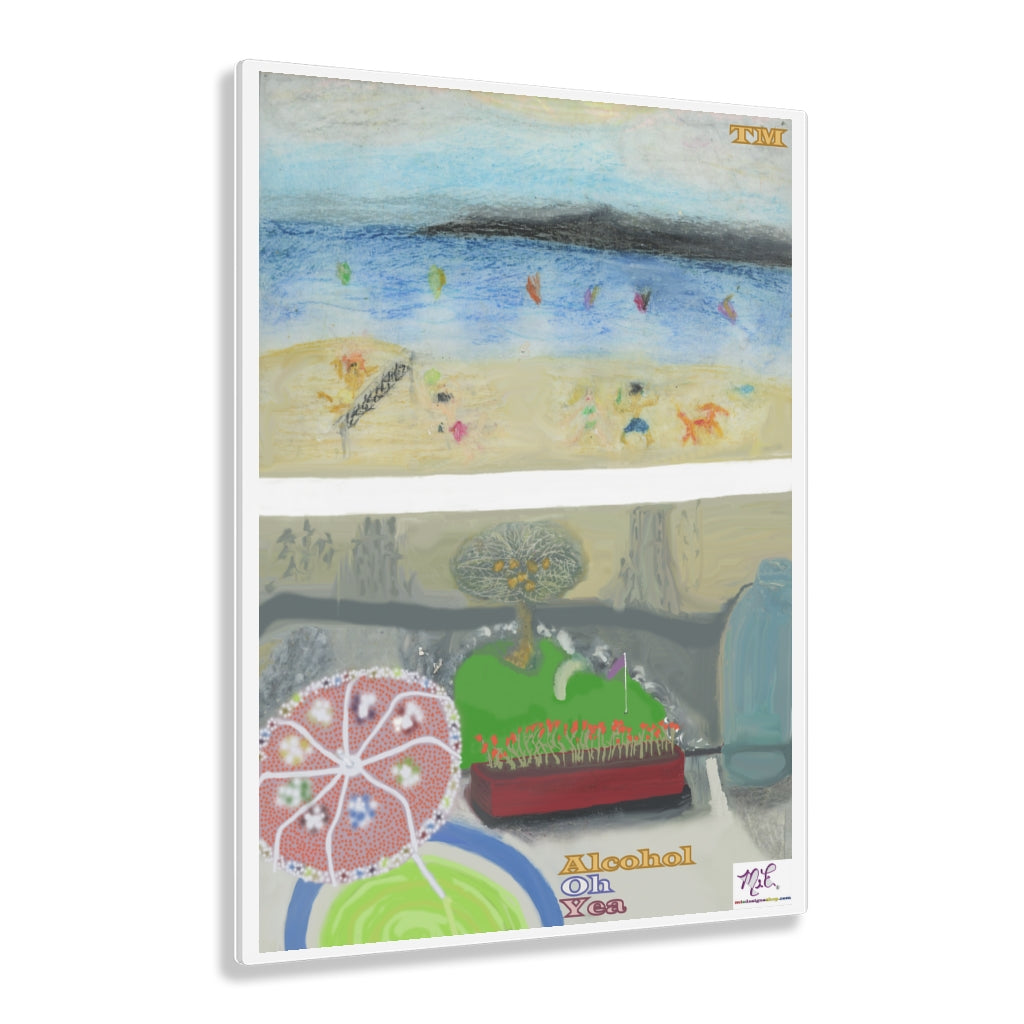 Acrylic Prints 16x20: Alcohol Oh Yea(tm) - MiE Designs Shop. Unseen drinker on balcony above putting green and beach holds cocktail with umbrella.