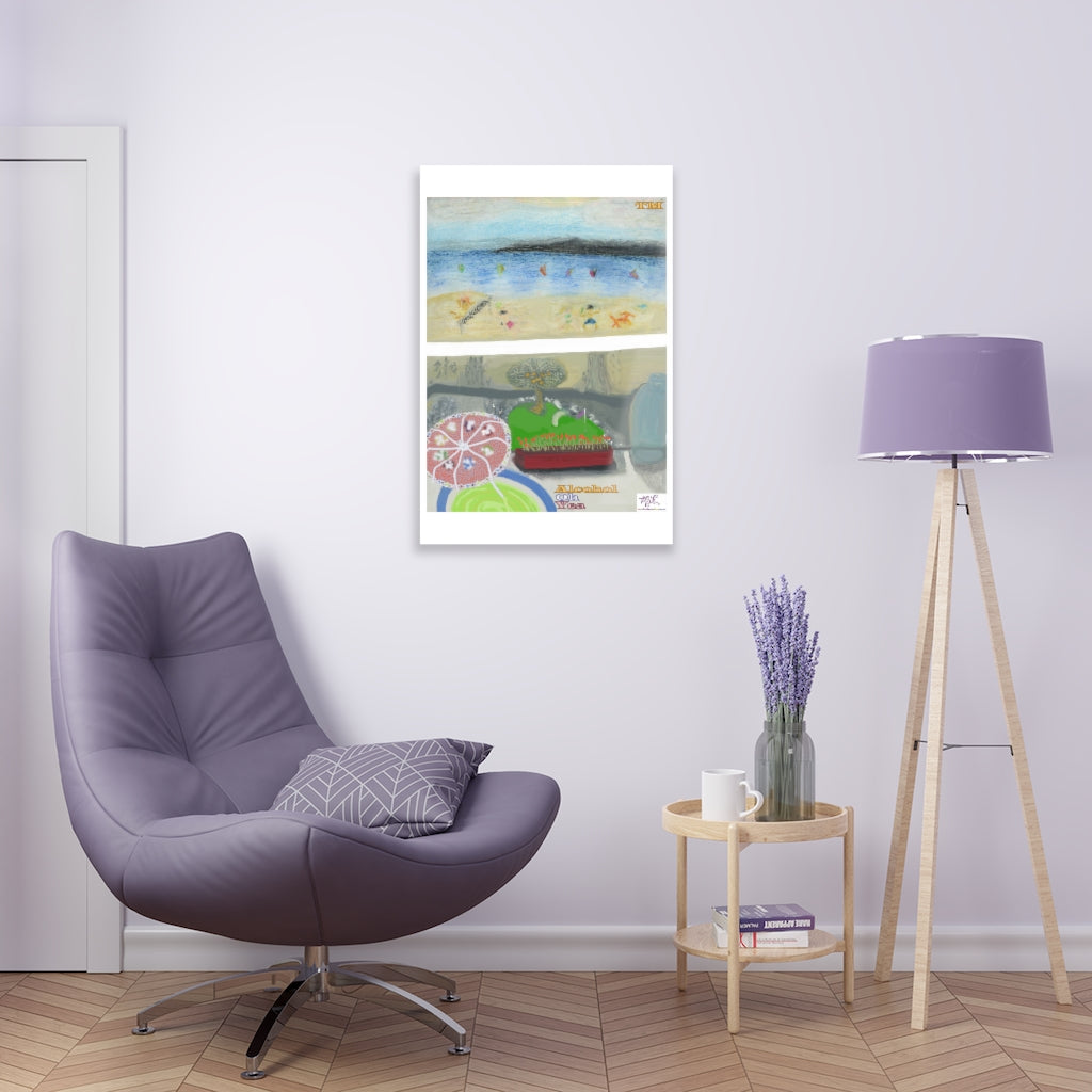 Acrylic Prints 20x30: Alcohol Oh Yea(tm) - MiE Designs Shop. Unseen drinker on balcony above putting green and beach holds cocktail with umbrella.