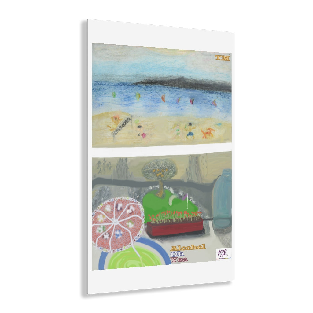 Acrylic Prints 20x30: Alcohol Oh Yea(tm) - MiE Designs Shop. Unseen drinker on balcony above putting green and beach holds cocktail with umbrella.