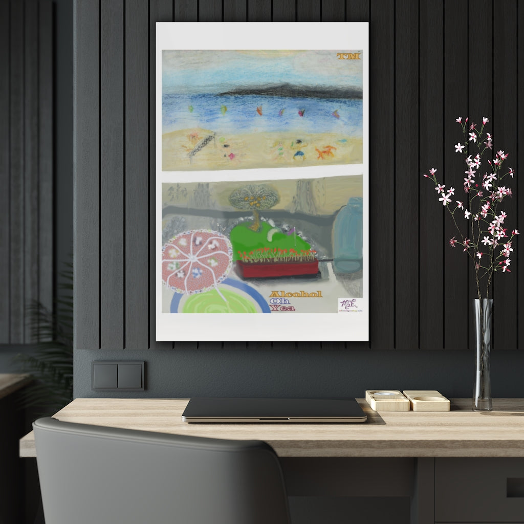 Acrylic Prints 20x30: Alcohol Oh Yea(tm) - MiE Designs Shop. Unseen drinker on balcony above putting green and beach holds cocktail with umbrella.