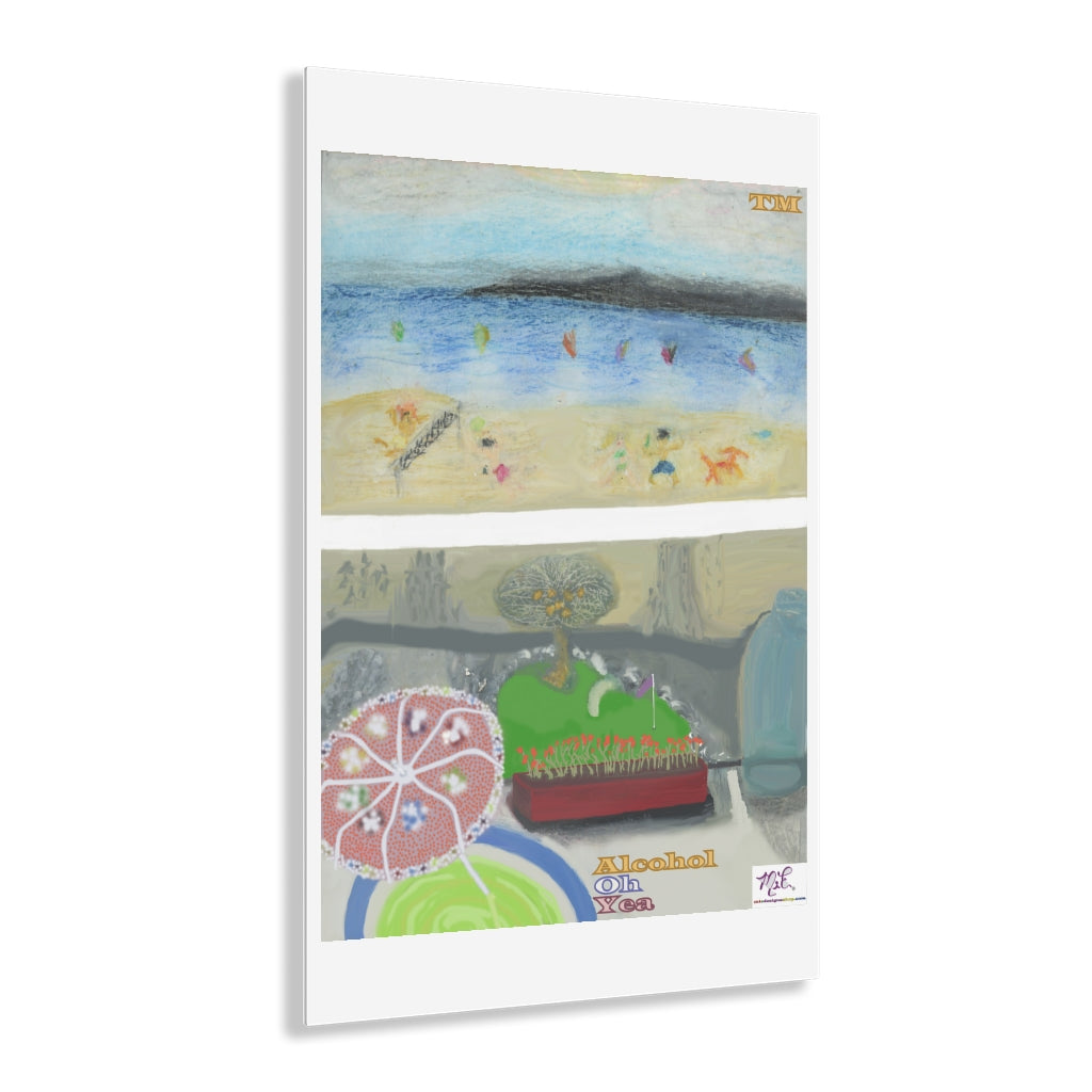 Acrylic Prints 24x36: Alcohol Oh Yea(tm) - MiE Designs Shop. Unseen drinker on balcony above putting green and beach holds cocktail with umbrella.