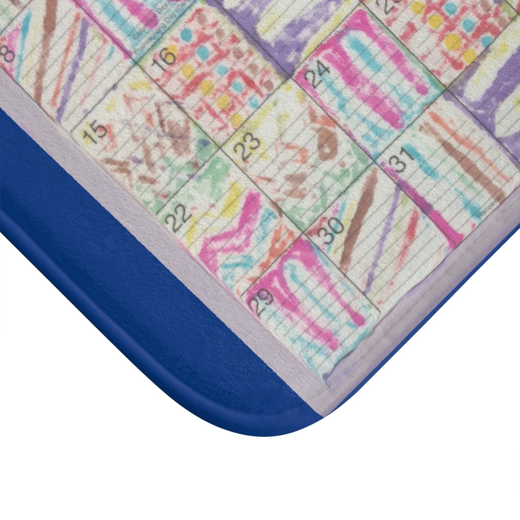 Bath Rug 24x17: "Psychedelic Calendar(tm)" - Seeped - MiE Designs Shop. Dark blue, centered month w/varied patterns. Corner