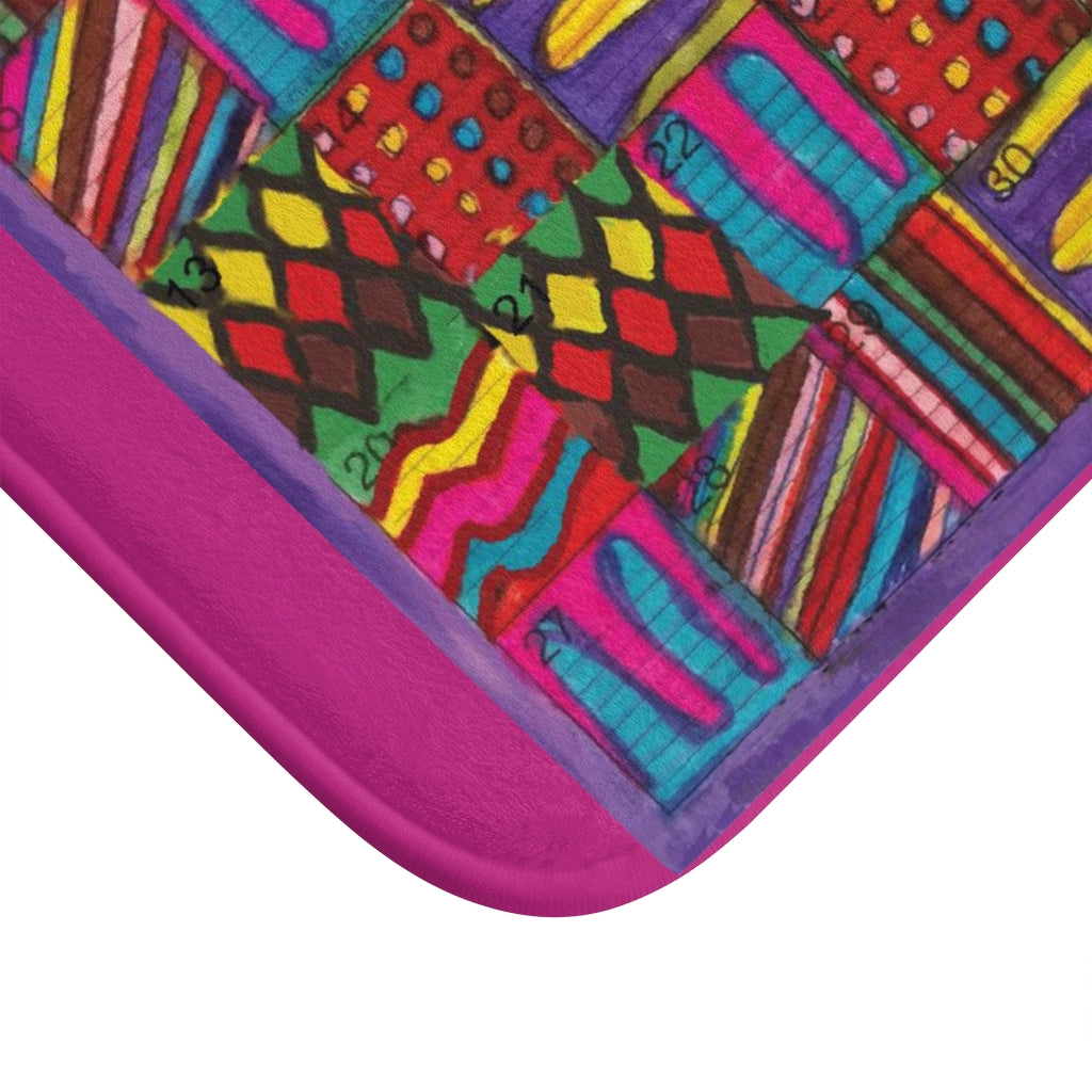 Bath Rug 24x17: "Psychedelic Calendar(tm)" - Vibrant - MiE Designs Shop. Dark pink @ centered month w/varied patterns. Corner