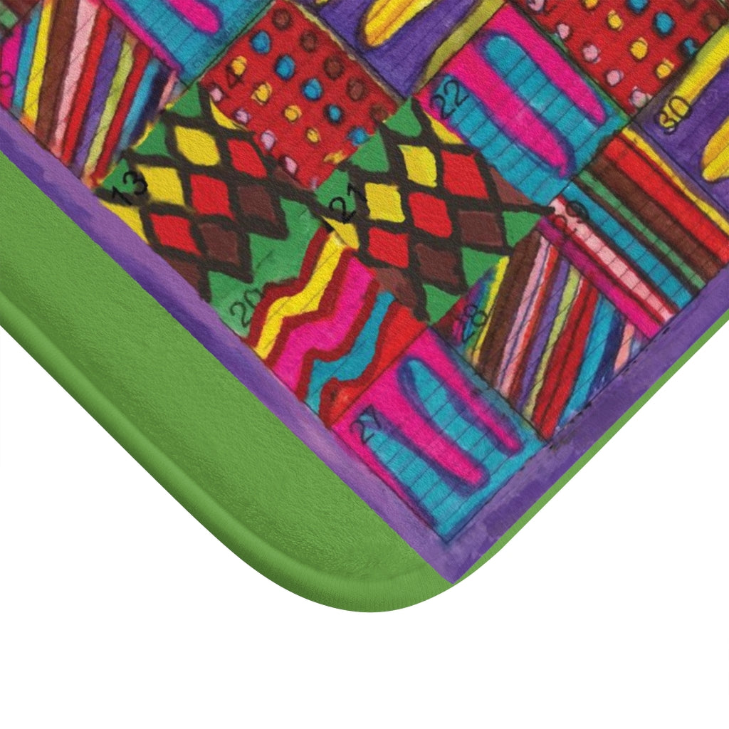 Bath Rug 24x17: "Psychedelic Calendar(tm)" - Vibrant - MiE Designs Shop. Green surrounds centered month w/varied patterns. Corner