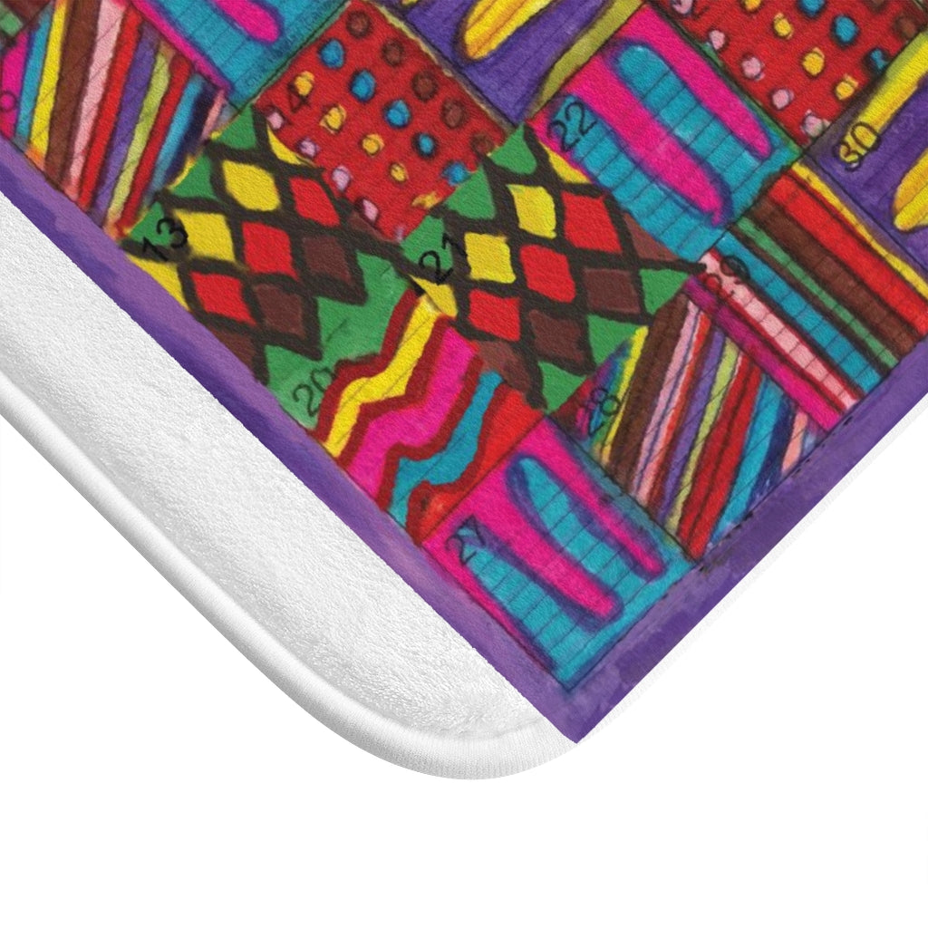 Bath Rug 24x17: "Psychedelic Calendar(tm)" - Vibrant - MiE Designs Shop. White surrounds centered month w/varied patterns. Corner