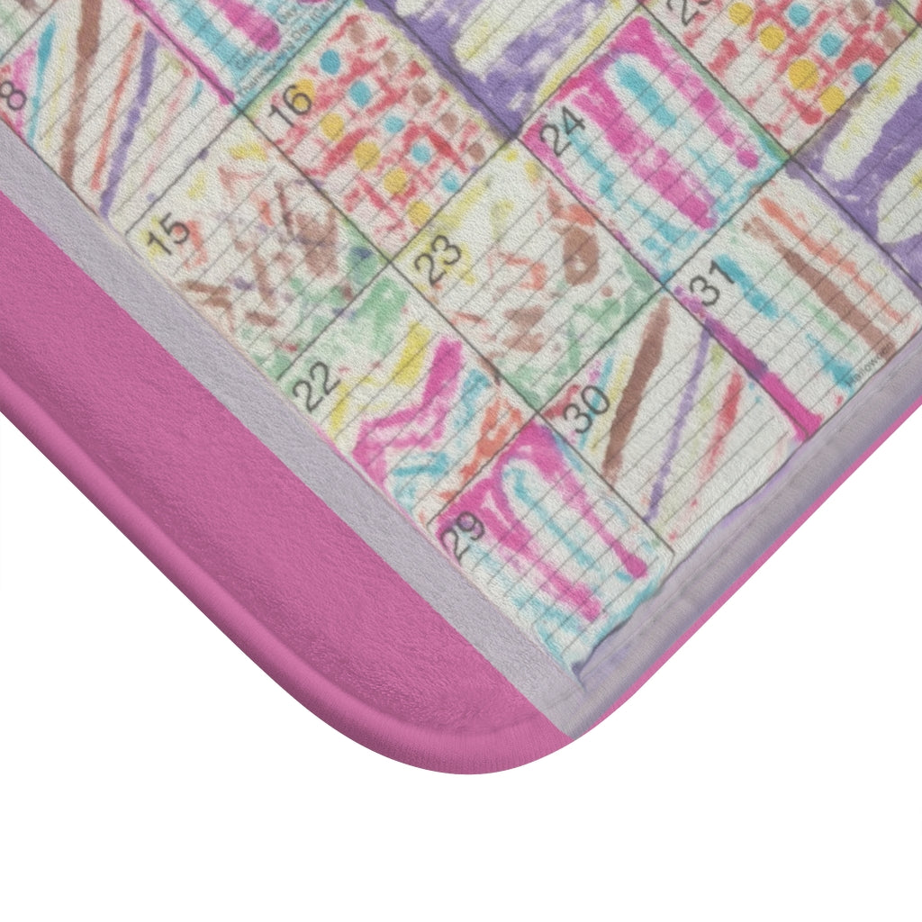 Bath Rug 24x17: "Psychedelic Calendar(tm)" - Seeped - MiE Designs Shop. Pink surrounds centered month w/varied patterns. Corner