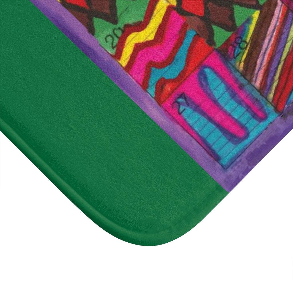 Bath Rug 34x21: "Psychedelic Calendar(tm)" - Vibrant - MiE Designs Shop. Dark green @ centered month w/varied patterns. Corner