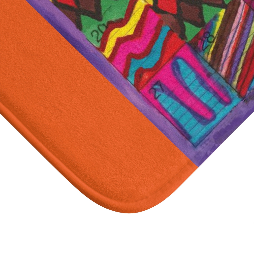 Bath Rug 34x21: "Psychedelic Calendar(tm)" - Vibrant - MiE Designs Shop. Orange @ centered month w/varied patterns. Corner