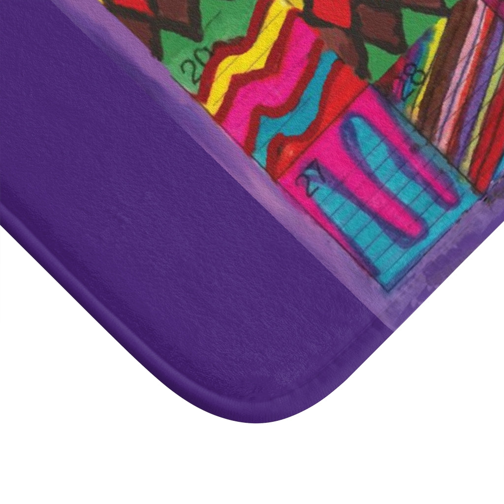 Bath Rug 34x21: "Psychedelic Calendar(tm)" - Vibrant - MiE Designs Shop. Purple surrounds centered month w/varied patterns. Corner