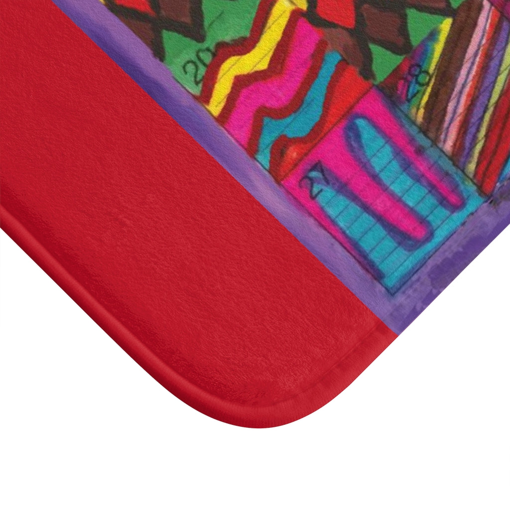 Bath Rug 34x21: "Psychedelic Calendar(tm)" - Vibrant - MiE Designs Shop. Red surrounds centered month w/varied patterns. Cover