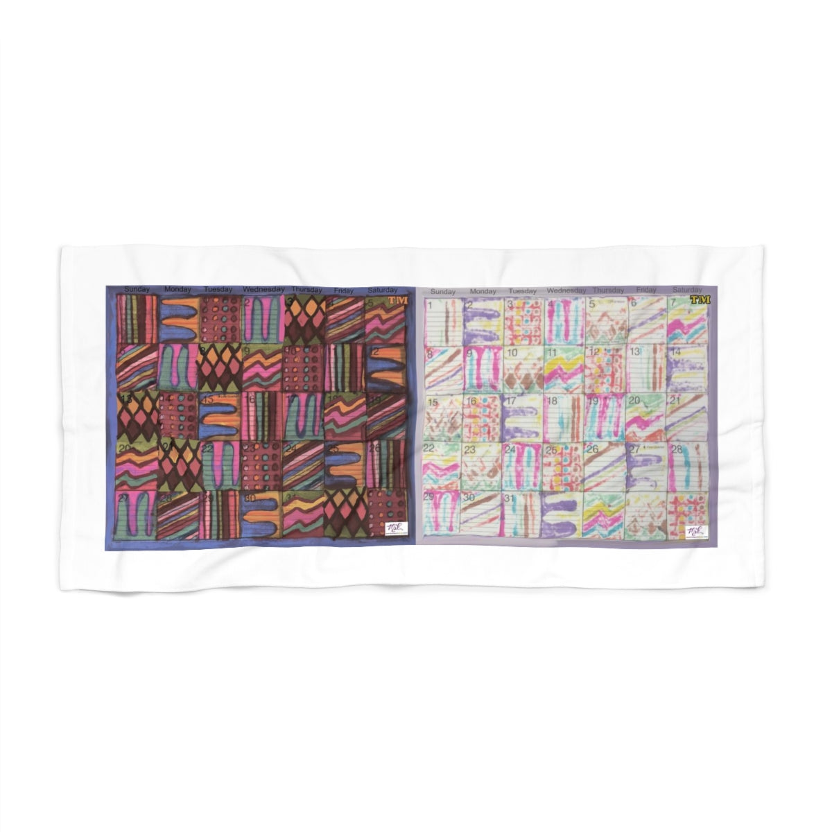 Beach Towel: "Psychedelic Calendar(tm)" - Muted/Seeped - MiE Designs Shop. Adjacent calendar months, 7 alternating bright/subdued patterns fill the days. 36x72