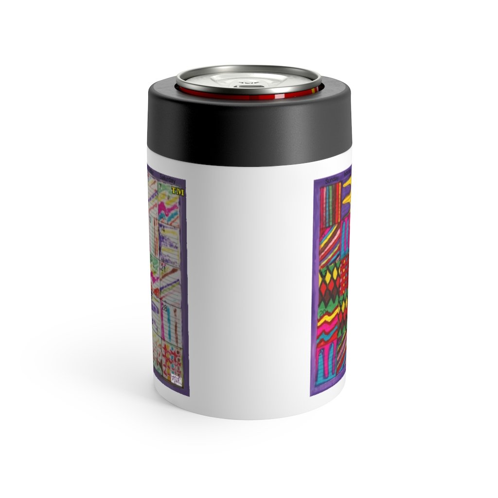 Can Holder 12oz: "Psychedelic Calendar(tm)" - Vibrant/Seeped - No Text - MiE Designs Shop. 7 multicolor patterns alternate days of a month, one calendar a light "bonus" design.