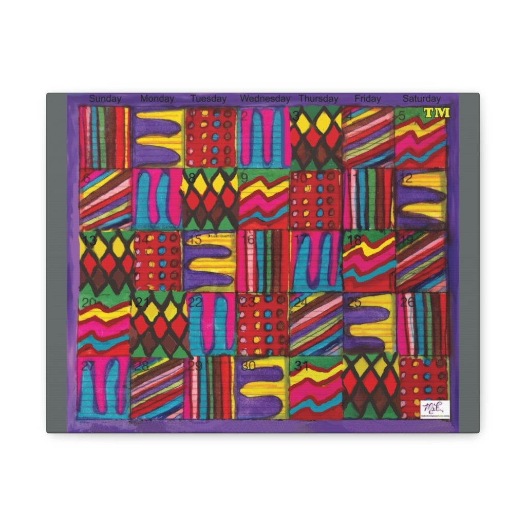 Canvas Gallery Wraps: "Psychedelic Calendar(tm)" - Vibrant - MiE Designs Shop. 7 different patterns alternate daily in a calendar. Gray sides. 24x20