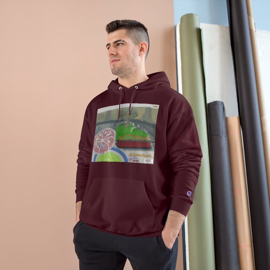 Champion Hoodies: Alcohol Oh Yea - MiE Designs Shop. Unseen drinker on balcony views putting green and beach below. Maroon