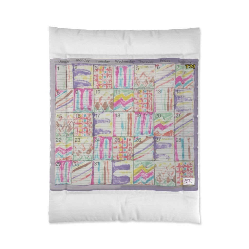 Comforter: Psychedelic Calendar(tm) - Seeped - 68x88 - MiE Designs Shop. Thick bars white above/below calendar. Flat
