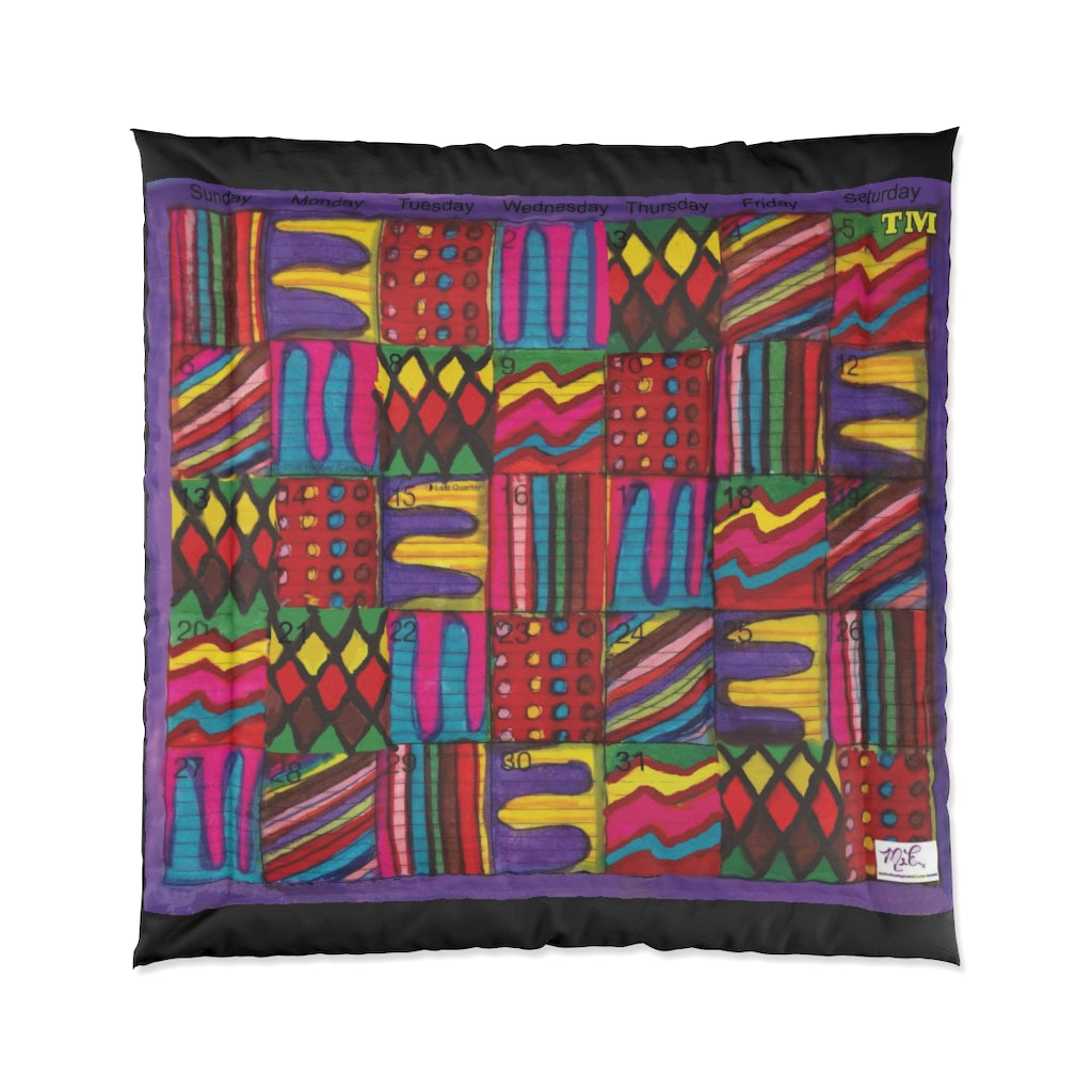 Comforter: Psychedelic Calendar(tm) - Vibrant - 88x88 - MiE Designs Shop. Thin bars of black above/below calendar. Flat
