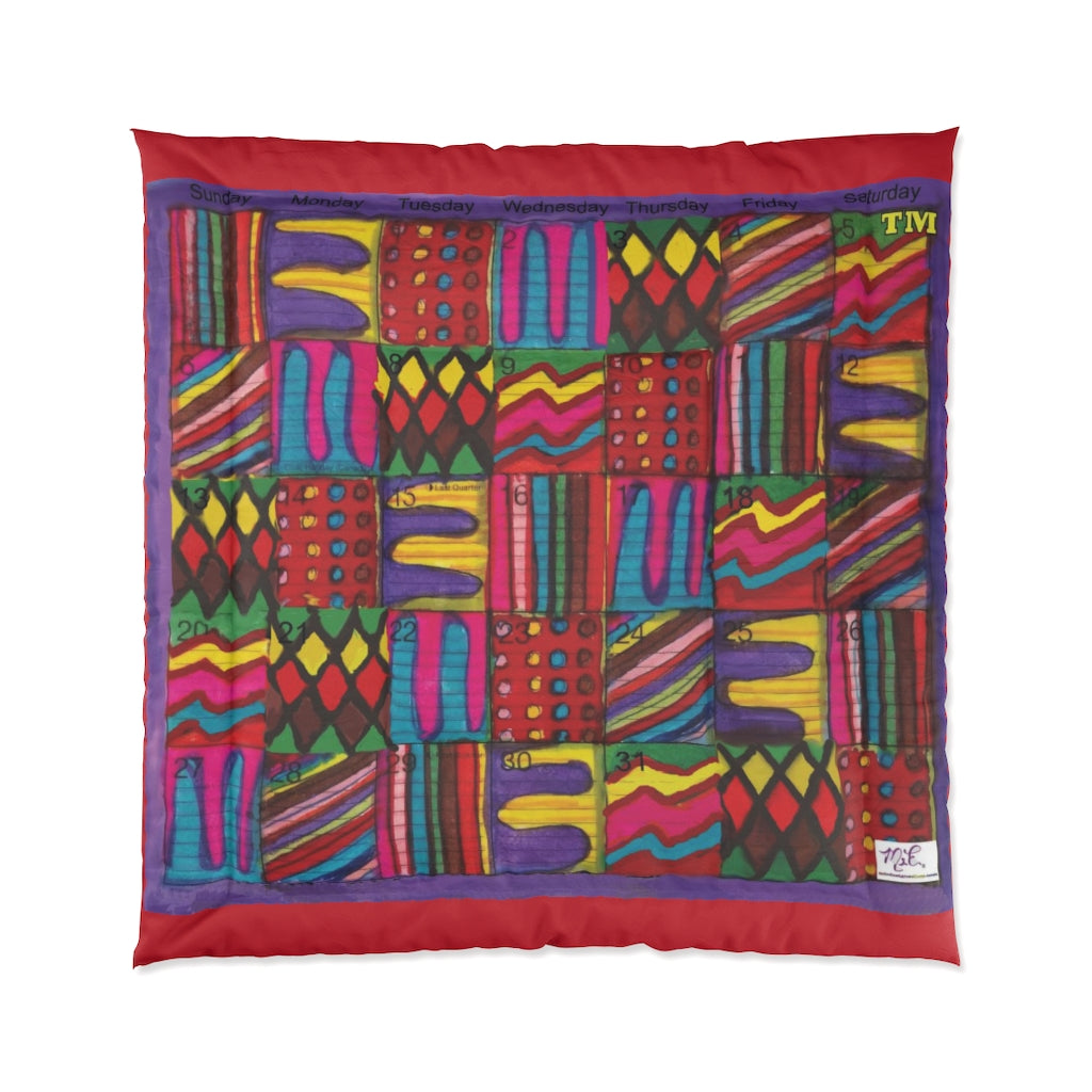 Comforter: Psychedelic Calendar(tm) - Vibrant - 88x88 - MiE Designs Shop. Thin bars of red above/below calendar. Flat