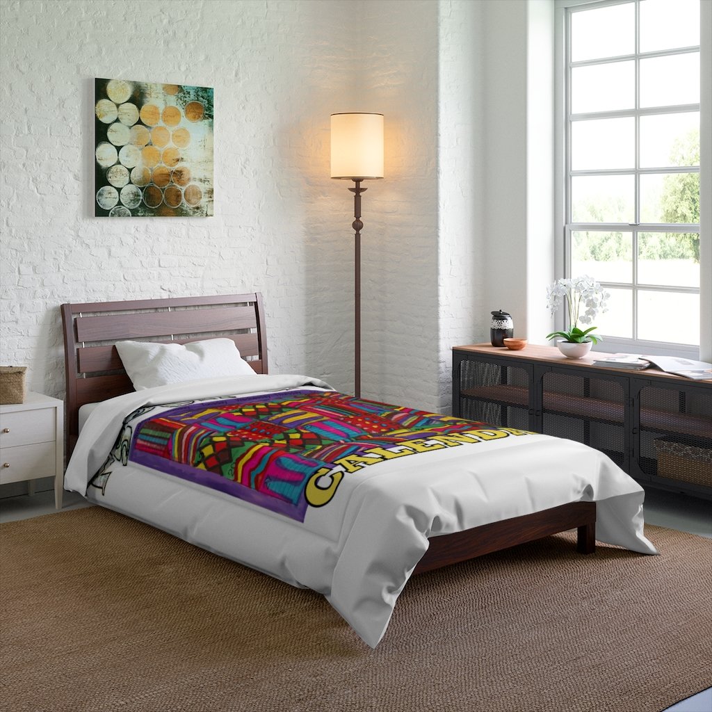 Comforter 68x88: Psychedelic Calendar(tm) - Dark Colors - Glitter Text - MiE Designs Shop. Surrounded by slim bright white all around the dark alternating daily mazes of the Psychedelic Calendar(tm), itself five muticolor "bands" will enliven any bedroom. "Psychedelic" in glittering letters above, "CALENDAR" illuminating below.